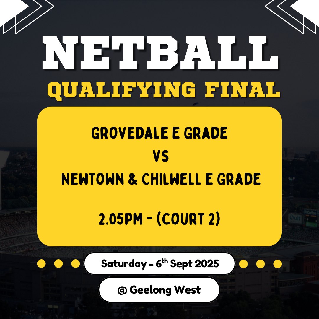 🏐 NETBALL FINALS 🏐
A BIG congratulations to the four netball teams that have made it to the first round of finals this weekend.
This Saturday we have our E Grade taking on Newtown in a Qualifying Final and then on Sunday we have three Junior teams fighting it out in their Elimination Finals.
We wish every team all the best and if you would like to get along and support our teams you can purchase your tickets early through the link below from AFL Barwon.
(Please make sure you select the right day you are after and the Blood Toyota Geelong FNL Finals Series)
https://www.intix.com.au/org/afl-barwon
Good luck & let's go Grovey 🖤💛