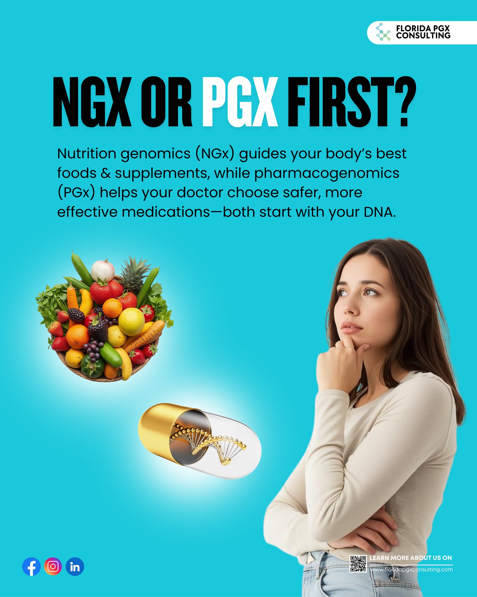 If you had the choice, would you begin with your nutrition (NGx 🥑) or your medications (PGx 💊)?
👉 Comment below — NGx or PGx — we want to know what YOU would prioritize first!
💡 Here’s the difference:
✨ NGx (Nutrition Genomics): Find out which foods & nutrients your body thrives on.
✨ PGx (Pharmacogenomics): Prevent trial-and-error prescriptions by matching meds to your genes.
👩⚕️ At Florida PGX Consulting, I guide clients through both. But if you had to pick one first… which would it be?
#WellnessChoices #MomPoll