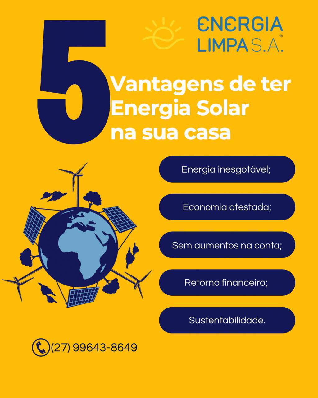 Na Energia Limpa, somos especialistas em projetos de usinas solares para residências e empresas.
Com nossa experiência, você tem a segurança de investir em tecnologia de ponta e ainda reduzir sua conta de energia.
🔋 Sustentabilidade que gera resultado.
🌍 Energia limpa, economia real.
📞 Fale com a gente e descubra como levar essa solução para o seu negócio ou residência!