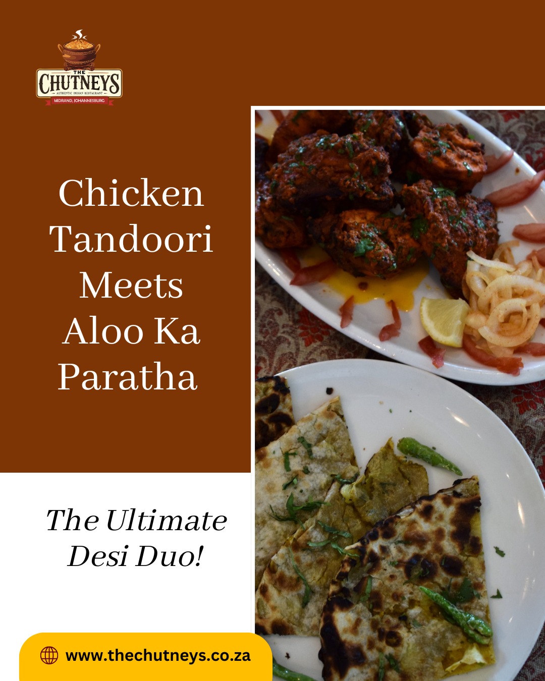 Chicken Tandoori Meets Aloo Ka Paratha – The Ultimate Desi Duo!
Juicy, smoky chicken tandoori paired with buttery, spiced aloo ka paratha – a match made in foodie heaven. Whether you crave bold flavors or comforting bites, this combo has it all!
Who would you share this with? Tag them below!
Follow us on social media for more info👇
Insta - @thechutneysrestaurant https://www.instagram.com/thechutneysrestaurant?igsh=ZXo0bzg2ZHlwcWlh&utm_source=qr
Fb - https://www.facebook.com/thechutneys
Web - https://www.thechutneys.co.za
#TheChutneys #AuthenticIndianCuisine #TasteOfIndia #FoodLoversParadise #IndianFoodie #FoodiesOfJohannesburg #MidrandEats #Chickentandoori #Alookaparatha