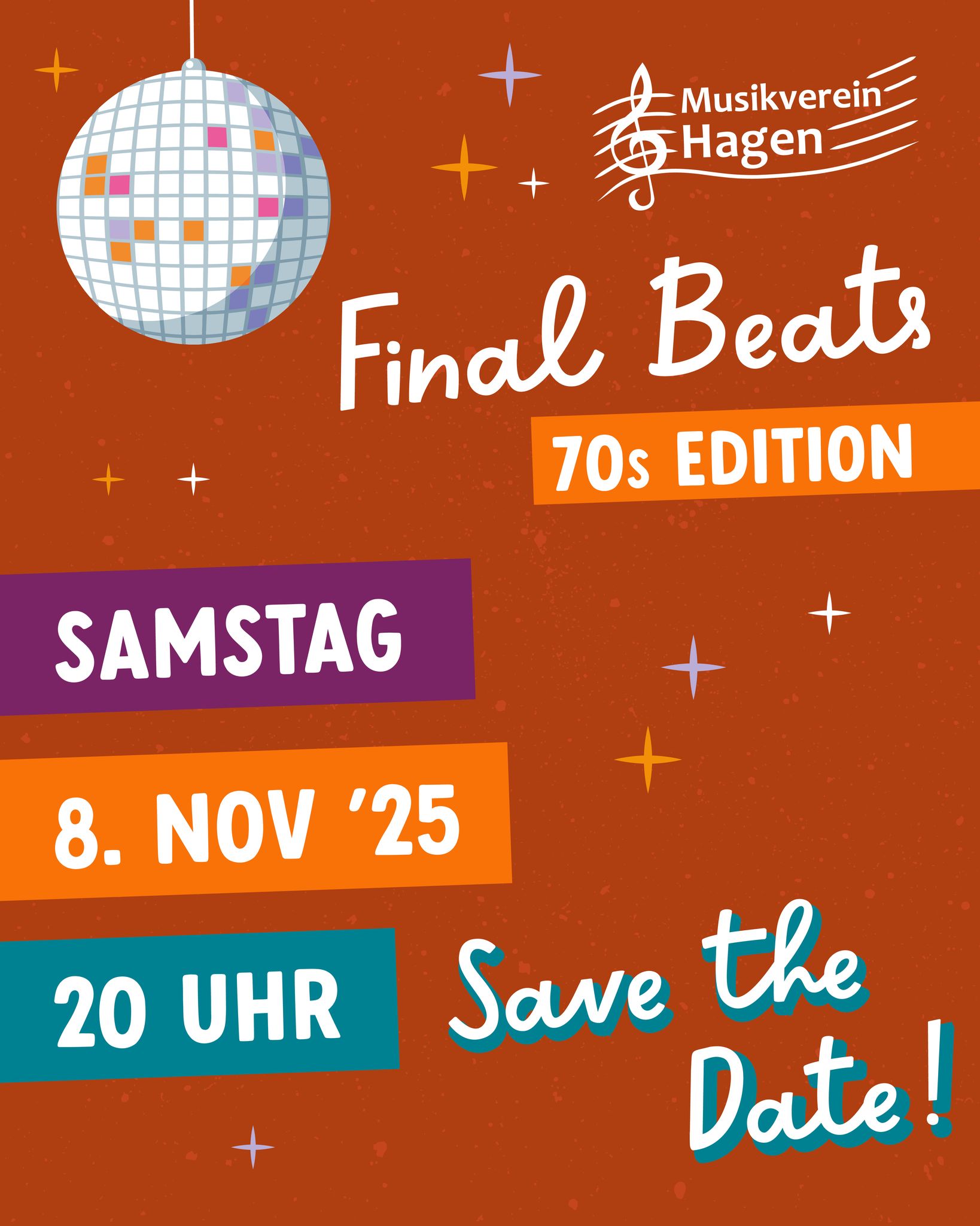 ✨ SAVE THE DATE – FINAL BEATS 70s Edition! ✨
Nach der Schützenfestsaison ist vor Final Beats! 🚀 Dieses Jahr reisen wir zurück in die glitzernden Seventies – mit Funk, Soul & Disco-Feeling pur.
📅 8. November 2025 | ab 20 Uhr
📍 Schützenhalle Kuhschisshagen
Also packt die Schlaghosen aus, poliert die Plateaus und schmeißt euch in eure wilden 70s Outfits. 💃🕺
➡️ It’s time to Feel the groove. Live the beat. FINAL BEATS.
Mehr funky Facts & Disco-Vibes folgen bald!
#FinalBeats #70sEdition #DiscoVibes #FunkSoulParty #GroovyNights #BoogieDown #RetroVibes #DancefloorMagic #DiscoForever #SchützenhalleKuhschisshagen