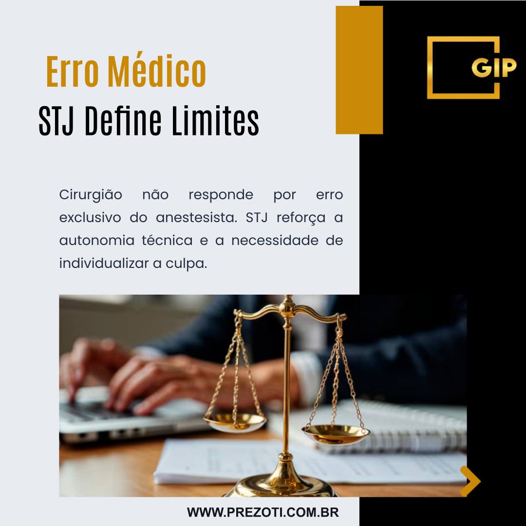 Médico, você conhece os limites da sua responsabilidade na sala de cirurgia? Uma decisão recente do Superior Tribunal de Justiça (STJ) trouxe mais clareza e segurança jurídica para a atuação da equipe médica.
Analisando um caso de erro médico, o STJ firmou o entendimento de que o cirurgião-chefe não pode ser responsabilizado automaticamente por uma falha técnica exclusiva do anestesista. O tribunal reconheceu que o anestesista atua com autonomia e responde individualmente por seus atos.
A decisão reforça três níveis de responsabilidade:
Anestesista: Responde pessoalmente por falhas em sua área, pois tem autonomia técnica.
Cirurgião: Responde por seus próprios atos e pela cirurgia em si, mas não por erros exclusivos de outros especialistas da equipe.
Hospital: Pode ser responsabilizado de forma objetiva pela falha geral no serviço.
Este precedente é fundamental, pois afasta a ideia de uma "responsabilidade solidária presumida" e exige que a culpa de cada profissional seja comprovada individualmente.
A complexidade da responsabilidade civil médica exige uma assessoria jurídica especializada. A Gonçalves Ignácio & Prezoti Advocacia e Assessoria Jurídica oferece consultoria para profissionais e instituições de saúde, focada em prevenção e defesa.
Acesse nosso site: www.prezoti.com.br
#DireitoMedico #ResponsabilidadeCivil #ErroMedico #STJ #DefesaMedica #CirurgiaSegura #Anestesia #Advocacia #GIPAdvocacia