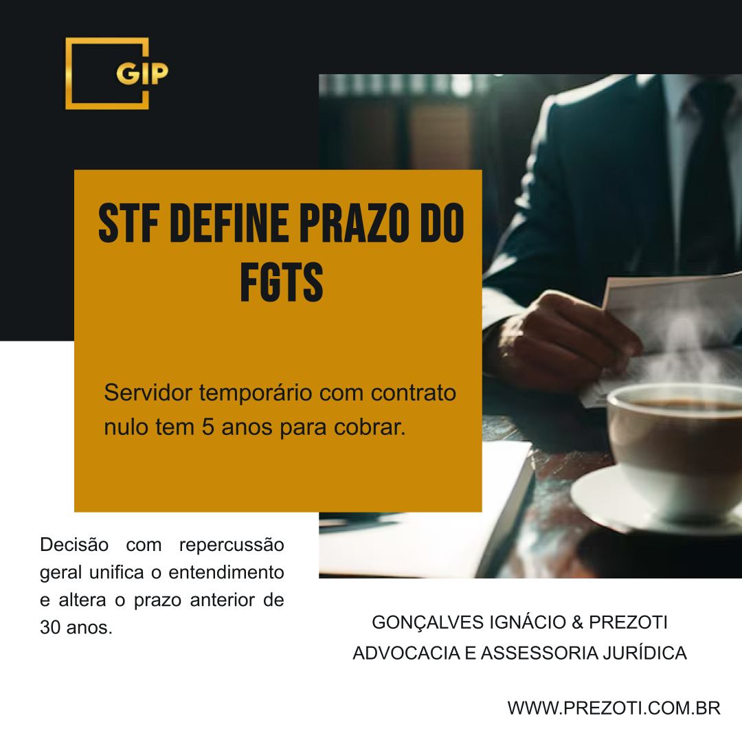 Atenção, servidor público temporário! O Supremo Tribunal Federal (STF) acaba de tomar uma decisão crucial que muda o prazo para você cobrar seu direito ao FGTS.
O que o STF decidiu?
Em julgamento com repercussão geral, ou seja, que vale para todos os casos semelhantes no país, o Tribunal definiu que o prazo para um servidor temporário, cujo contrato foi considerado irregular (nulo) pela Justiça, entrar com uma ação para cobrar os depósitos do FGTS é de cinco anos.
Qual o impacto prático?
Essa decisão cria um novo padrão e, principalmente, uma nova urgência. O entendimento anterior em muitos casos permitia um prazo de até 30 anos. Agora, a janela de tempo para buscar esse direito foi consideravelmente reduzida.
O tempo para agir ficou mais curto. Se você se enquadra nesta situação ou tem dúvidas sobre a validade do seu antigo contrato temporário, é fundamental buscar orientação jurídica o mais rápido possível. A Gonçalves Ignácio & Prezoti Advocacia e Assessoria Jurídica é especialista em Direito Administrativo e pode analisar o seu caso.
Acesse nosso site: www.prezoti.com.br
#DireitoAdministrativo #ServidorPublico #ContratoTemporario #FGTS #STF #Prescricao #Servidor #Advocacia #GIPAdvocacia