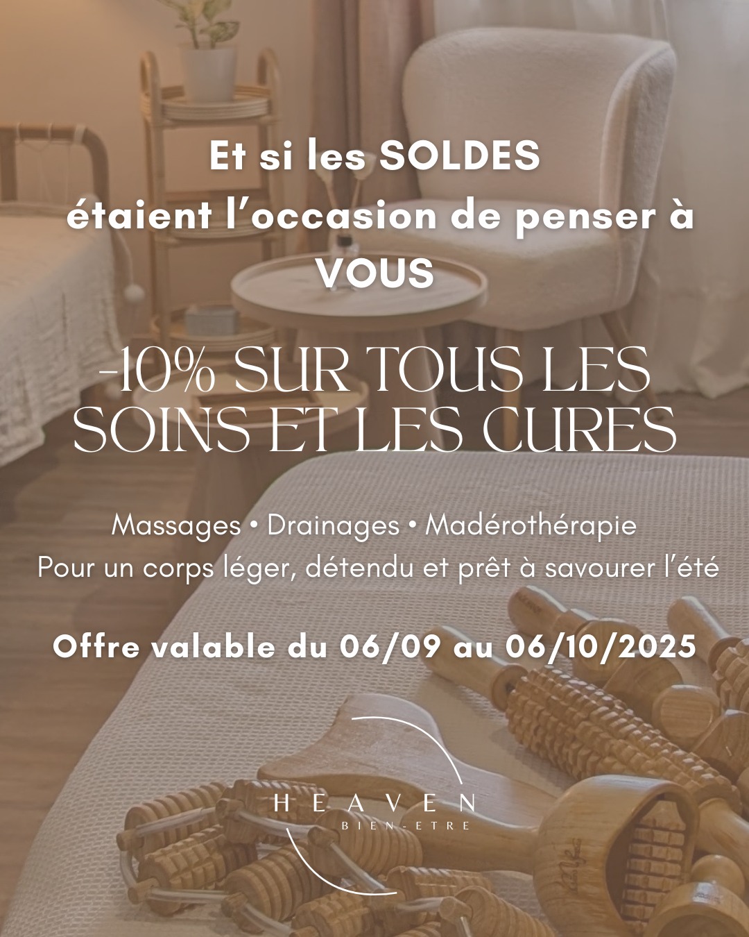 ✨ Et si vous profitiez des soldes pour prendre soin de vous ?
Du 06/09 au 06/10/2025, bénéficiez de -10% sur tous les soins et cures !
💆♀️ Massages relaxants
💧 Drainages lymphatiques
🌿 Madérothérapie visage & corps
Sans oublier, la séance de luminothérapie LED NOOANCE offerte à chaque soin, choisissez le rituel qu'il vous faut pour alléger le corps, apaiser l’esprit, affiner la sihouette et accueillir l’été dans votre peau 🔆
📍 Sur RDV à Ste-Clotilde, suivez HEAVEN BIEN ETRE dans Waze et garez vous facilement sans stress. Il ne vous reste plus qu'à profiter 💆♀️
📆 Réservez votre moment bien-être dès maintenant, par tel, message ou sur Planity ( lien dans ma bio, tarifs appliqués directement à la réservation )
#SoinsBienÊtre #Massages #DrainageLymphatique #Madérothérapie #SoldesBienÊtre #PrendreSoinDeSoi #BeautéNaturelle #EspritZen #RentréeEnDouceur