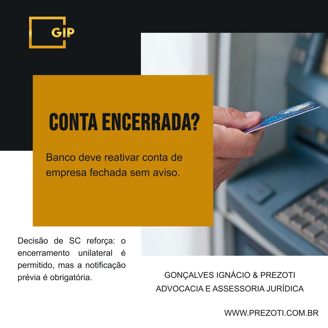 Imagine chegar para trabalhar e descobrir que a conta bancária da sua empresa foi encerrada sem nenhum aviso prévio. Uma decisão liminar da Justiça de Santa Catarina mostra que essa prática é ilegal.
No caso, o Juízo da 2ª Vara Cível de Indaial/SC interveio para proteger uma empresa que teve sua conta fechada de forma repentina.
Qual a regra do jogo?
O banco até pode encerrar um contrato de forma unilateral, mas esse direito não é absoluto. A lei e as normas do Banco Central exigem uma comunicação prévia ao cliente, dando-lhe tempo hábil para tomar as providências necessárias. Como o banco não comprovou ter feito o aviso, a Justiça considerou a conduta irregular e determinou a reativação da conta.
Essa decisão é um lembrete importante para todos os empresários: a relação com o banco é uma relação de consumo e é protegida por lei. Medidas drásticas que afetam a saúde do seu negócio não podem ser tomadas de forma arbitrária.
O encerramento inesperado de uma conta pode paralisar uma empresa. Conhecer seus direitos é fundamental. A Gonçalves Ignácio & Prezoti Advocacia e Assessoria Jurídica oferece suporte em Direito Empresarial e Bancário para garantir a segurança das suas operações.
Acesse nosso site: www.prezoti.com.br
#DireitoEmpresarial #DireitoBancario #ContaCorrente #Compliance #PequenasEmpresas #AdvocaciaEmpresarial #Justiça #Liminar #GIPAdvocacia