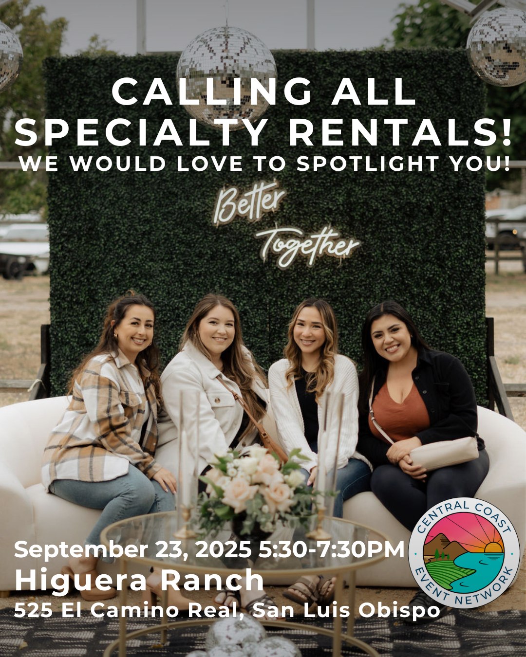 ✨Calling All Specialty Event Rentals✨
Do you have something special to share with the event community?
Join us at our September Poolside Mixer!
Event: Higuera Ranch on Tuesday, September 23rd, from 5:30pm to 7:30pm. 🎉
Signing up is easier than ever! Just go to our website! Link in bio ⬆
Are you ready to showcase your magical rentals at the CCEN September Mixer?
This event brings together event planners, venue coordinators, and fellow creative minds for a night of networking magic and unforgettable moments!
P.S. Spread the word! Share this invitation with event rentals companies who are ready to grow their business.