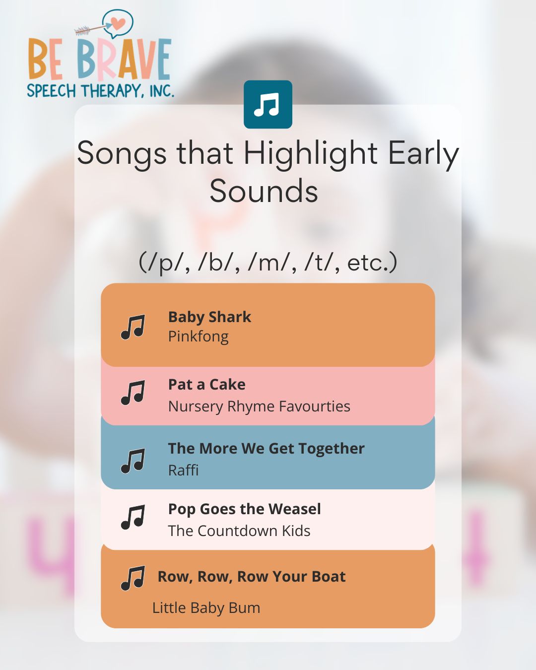 Big sounds start small! 🌟 Our Be Brave Tunes playlist highlights songs packed with /p/, /b/, /m/, and /r/ sounds—so little ones can practice the building blocks of speech while having fun. Every playful “pop” and “moo” is a step toward clearer communication.
💡 Some of our faves:
🦈 Baby Shark (/b/, /sh/)
🎂 Pat-a-Cake (/p/)
🚤 Row, Row, Row Your Boat (/r/)
✨ Singing + sound play = speech practice that feels like playtime. Which sound does your child love to copy most?
#BeBraveSpeechTherapy #escondidomoms #escondidocalifornia #sanmarcosmoms #sanmarcoscalifornia #vistamoms #vistacalifornia #northcountysdmoms #valleycentercalifornia #fallbrookcalifornia #sandiegoslp #SpeechTherapy #SpeechTherapist #SpeechPathologist #PrivatePracticeSLP #pediatricslp #escondidokids #sanmarcoskids #hiddenmeadows #onlinespeechtherapy #speechtherapysongs #kidsongs #earlyspeechdevelopment #earlyspeechsounds