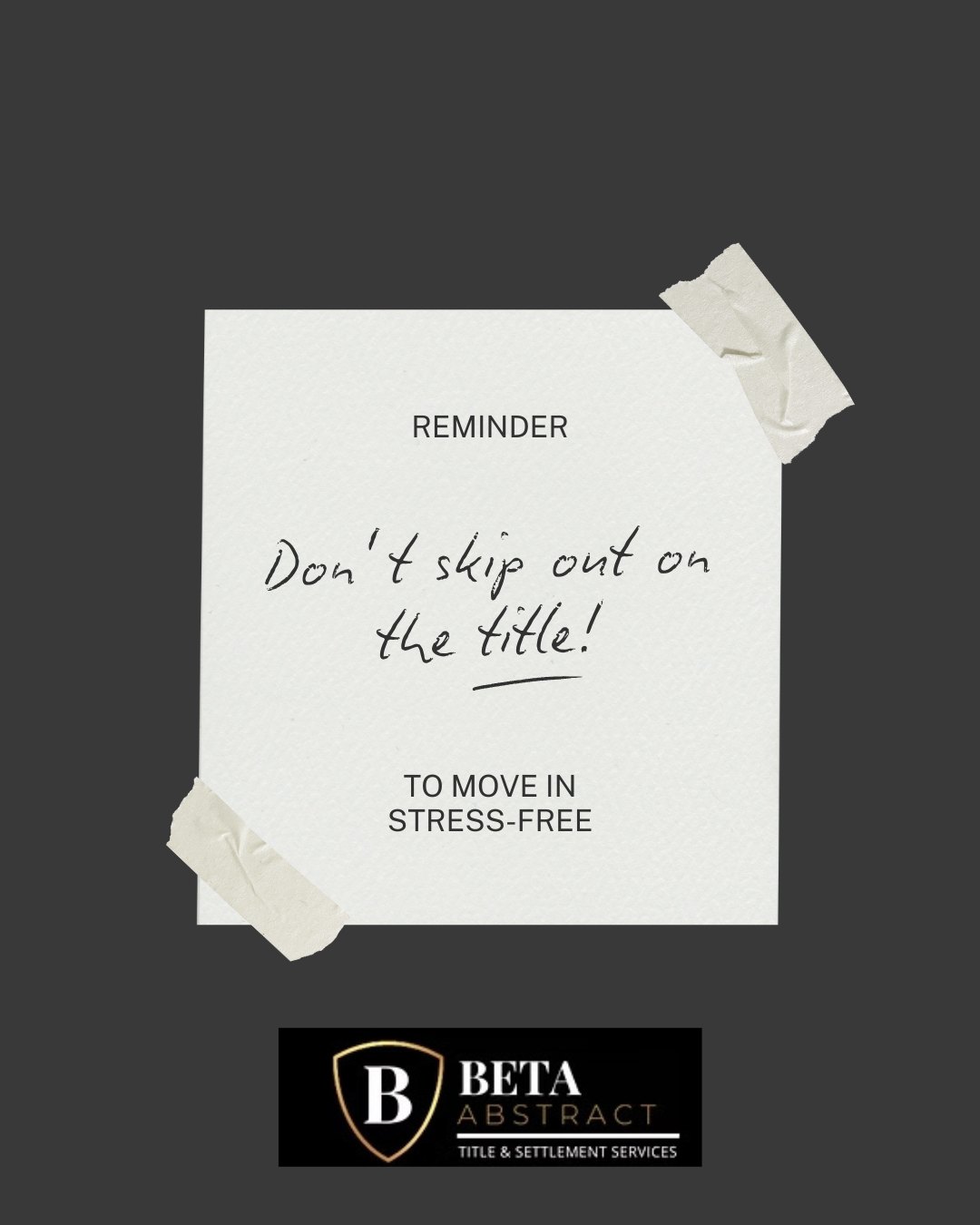 ✨ Don’t skip the most important step — the title! 🏡
Secure your home stress-free with Beta Abstract.
#HomeBuyingTips #RealEstate #StressFreeClosing #TitleandSettlementServices #BetaAbstract