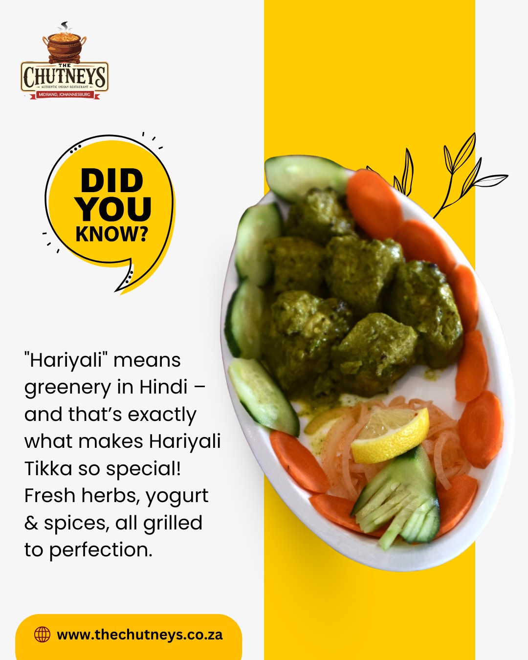 Say hello to freshness on your plate!
Chicken Hariyali Tikka isn’t just a dish, it’s a celebration of flavor. Marinated with mint, coriander, green chilies & creamy yogurt, then grilled in the traditional tandoor – it’s smoky, zesty, and oh-so-delicious!
A must-try for every food lover who craves something unique yet authentic.
Follow us on social media for more info👇
Insta - @thechutneysrestaurant https://www.instagram.com/thechutneysrestaurant...
Fb - https://www.facebook.com/thechutneys
Web - https://www.thechutneys.co.za
#TheChutneys #AuthenticIndianCuisine #TasteOfIndia #FoodLoversParadise #IndianFoodie #foodiesofjohannesburg #MidrandEats #chickenhariyalitikka