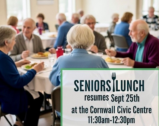 The popular Seniors Lunch resumes this Thursday September 25th from 11:30am to 12:30pm at the Cornwall Civic Centre. Cost is only $5 for a for a delicious home cooked meal and a chance to catch up with new and old friends!
https://cornwallpe.ca/news-events/
