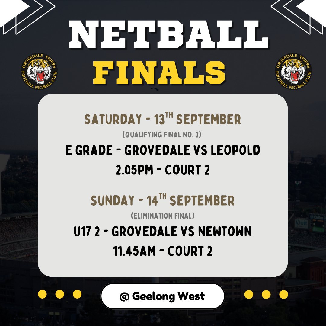 What a massive weekend coming up for Grovedale Netball!
We have two teams fighting it out in finals this coming weekend. See below for details.
E Grade with their win on the weekend will now take on top of the ladder Leopold. If they are able to secure this win they go straight into the Grand Final. If they lose, they will play the following Saturday against the winner of Sunday's match (St Marys or Newtown).
Our U17 Div 2 team will need to beat Newtown on Sunday to stay in the finals as their final is an elimination final.
We wish both teams all the best and we are absolutely loving the Grovey crowds, what an amazing Tiger Family we have. All the girls are feeling the love and support 💛🖤
If you are wanting to come along and cheer them on, you can purchase your tickets a bit cheaper online. Here is the link:
https://www.intix.com.au/org/afl-barwon