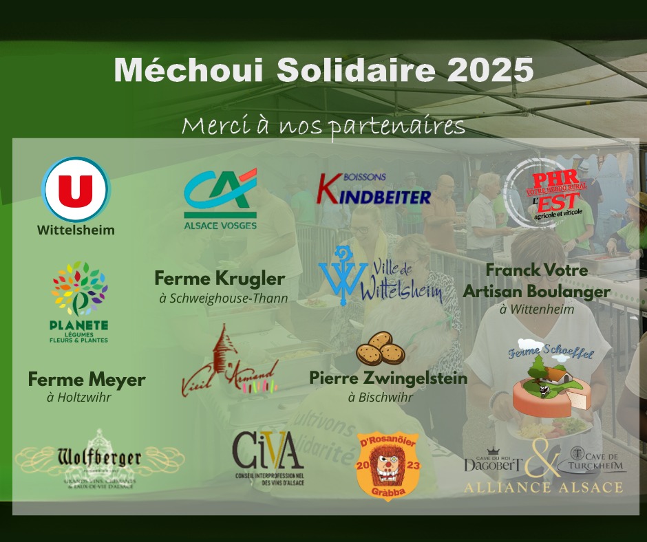 AFDI Alsace adresse ses sincères remerciements à l’ensemble de ses partenaires pour leur soutien et leur accompagnement précieux dans l’organisation du Méchoui Solidaire 2025🎉:
Super U Wittelsheim, Wittelsheim , Crédit Agricole Alsace Vosges, Boissons Kindbeiter, L’Est agricole et viticole - Le Paysan du Haut-Rhin, Planete Légumes Fleurs et Plantes, Ferme Krugler, Franck Votre Artisan Boulanger, Ferme Meyer - Holtzwihr, La Cave du Vieil Armand, Pierre Zwingelstein, Ferme Schoeffel-Pierrel / fromages, Wolfberger , CIVA, Rosanöier Gràbba, Cave de Turckheim ,
Un grand merci également aux organismes qui nous remis des lots pour la tombola, votre soutien a grandement contribué à la réussite de cet événement🌞 :
JA 67, CAC, Château du haut Koenigsbourg, Comptoir Agricole, Mairie Ensisheim, Etablissement Walch, Ferme Auberge du Hinteralfeld, Ferme Auberge Uff Rain, Ferme Pflieger, Ferme Bulles, Gustave Muller, Trèfle vert, Alsace lait, JouéClub, Lycée de Wintzenheim, Musées M2A, Isagri, Technique Agricole de Berrwiller, L’Alchimie Coiffure à Pfastatt, Groupama Grand Est, Matériel Agricole Freudenreich , Moulin Petterschmitt, Alsace Manutention Services (Manitou)
#MéchouiSolidaire #Solidarité #Merci #Partenaires #Tombola
