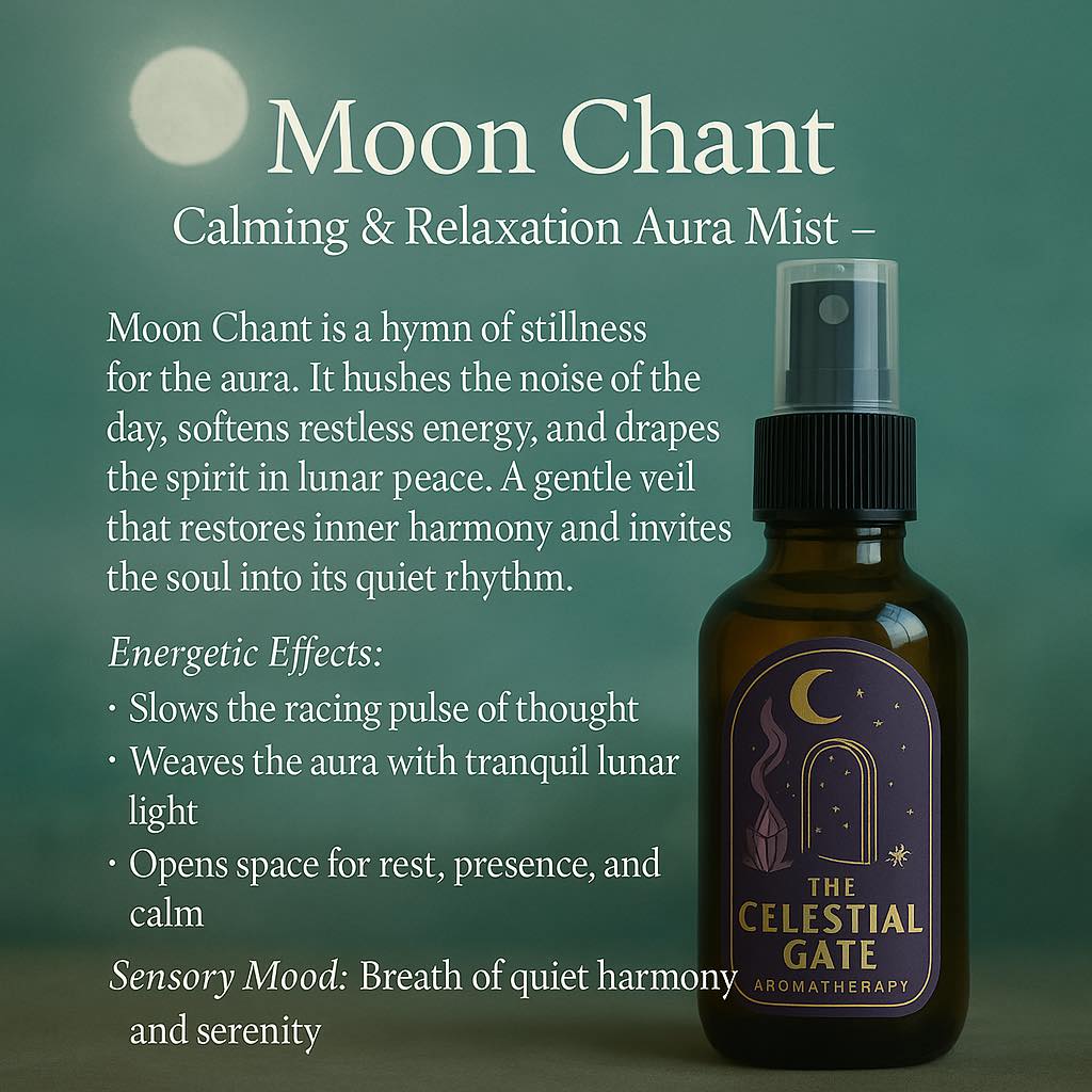 Beneath the hush of moonlight, serenity finds you.
Moon Chant is a hymn of stillness, weaving a veil of quiet harmony around the aura. It softens the edges of the day, calms the mind’s overactivity, and guides the spirit gently back to center.
This mist is not about chasing away stress, but about inviting peace to arrive naturally — like a soft tide that washes over you when the noise fades. In its embrace, the heart feels lighter, thoughts grow slower, and the soul can finally breathe.
For moments when you seek rest, presence, and the tender calm of night, let Moon Chant be the song that carries you there. #Wellness #calming #relaxation #mist #thecelestialgate