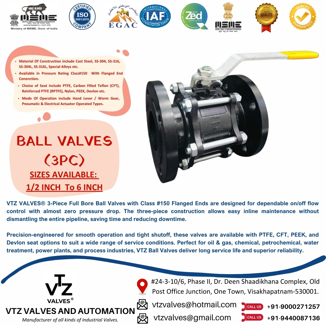 Precision flow control made easy! ๐
VTZ VALVESยฎ 3-Piece Full Bore Ball Valves with Class #150 Flanged Ends are built for smooth operation, zero leakage, and minimal pressure drop. The three-piece design allows easy inline maintenance, saving downtime and ensuring reliable performance.
Available with PTFE, CFT, PEEK, and Devlon seat options, they are trusted for oil & gas, chemical, petrochemical, water treatment, and power plant applications where durability and consistency are a must.
๐ฉ Connect with us for orders and enquiries:
๐ง vtzvalves@hotmail.com
/ vtzvalves@gmail.com
๐ +91-9000271257 / +91-9440087136
๐ www.vtzvalves.com
#ballvalve #3pieceballvalve #flangedballvalve #fullborevalve #industrialvalves #oilandgas #chemicalindustry #watertreatment #powerplants #madeinindia #vtzvalves