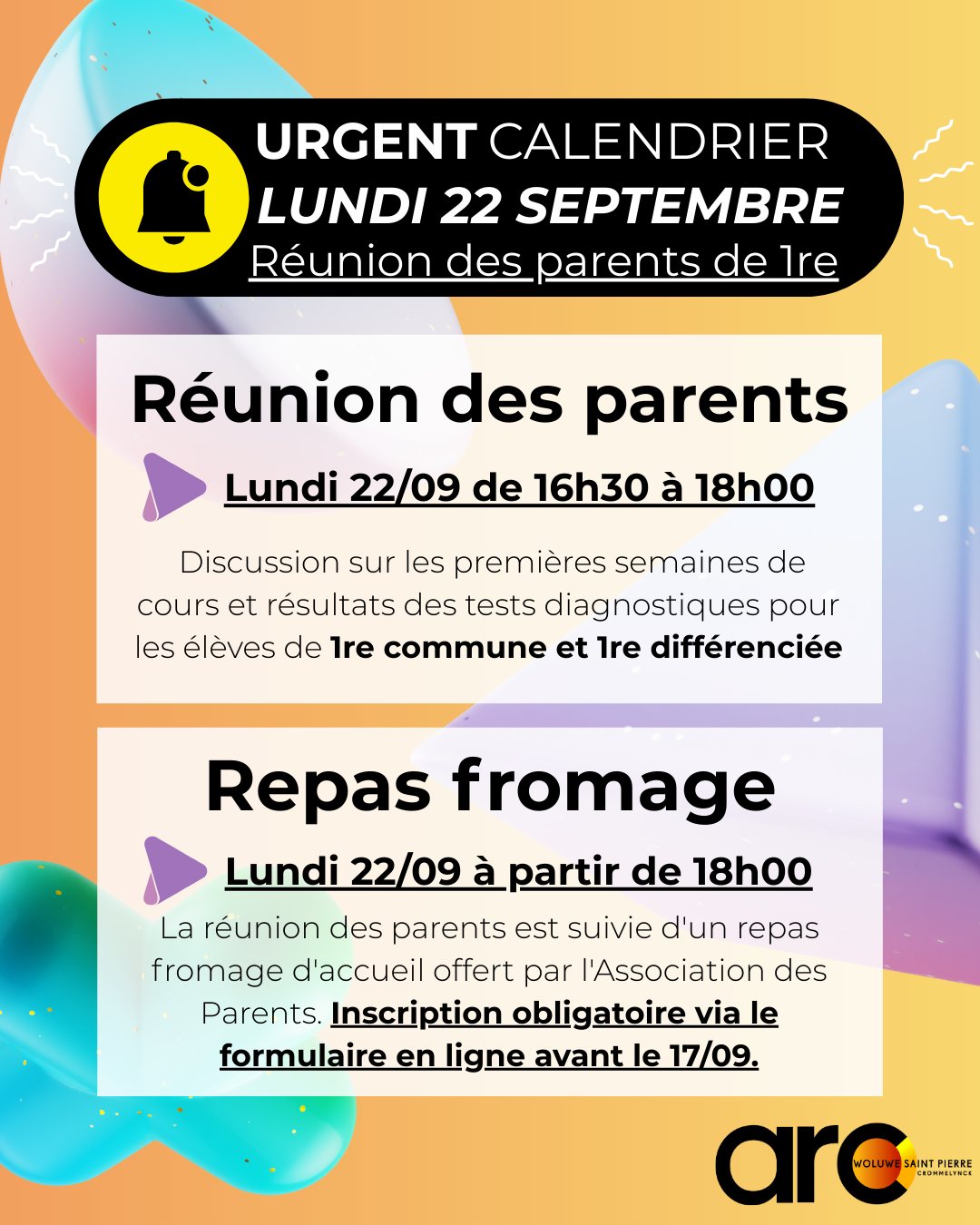 📚 Parents de 1re commune & différenciée
Rendez-vous le lundi 22 septembre pour une soirée spéciale !
🕕 16h30-18h00 : Réunion de parents pour échanger sur ce début d'année ainsi que des résultats des tests diagnostiques.
🧀 18h00 : Repas fromage d'accueil
Offert par notre super Association des Parents !
📝 Inscription obligatoire avant le 17/09 : Lien dans notre bio ou le lien en story
Hâte de vous retrouver pour échanger et partager ce moment convivial ! ✨
#ÉcoleSecondaire #ParentsÉlèves #Rentrée2024 #RepasFromage #RéunionParents #MomentConvivial