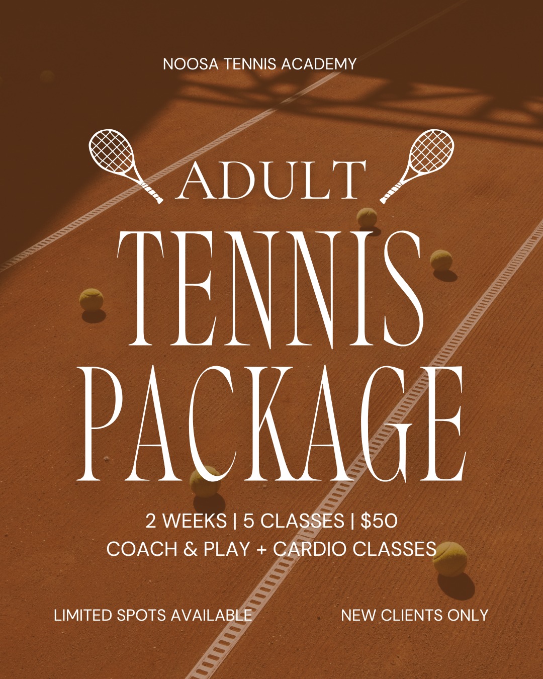 CALLING ALL TENNIS LOVERS!
Want to boost your fitness while enjoying the game you love?
The Noosa Tennis Club has an exclusive offer for NEW clients:
👉 Just $50 for up to 5 classes over a 2-week period!
Choose from:
Coach & Play – Guided drills and rally-based exercises combined with intense fitness. (Tennis experience required)
Cardio Tennis – A fun workout session with non-stop movement, hitting feeds, and plenty of energy. (Suitable for all levels)
📍 Where: Noosa Tennis Club
⏱️ Valid: 2 weeks from your first session
Come join us on court and see why tennis is the best workout in disguise!
Contact us via: 0403714088 / dave@noosatennisacademy.com.au
OFFER ENDS 30th SEPT 2025 / T&C's Apply
