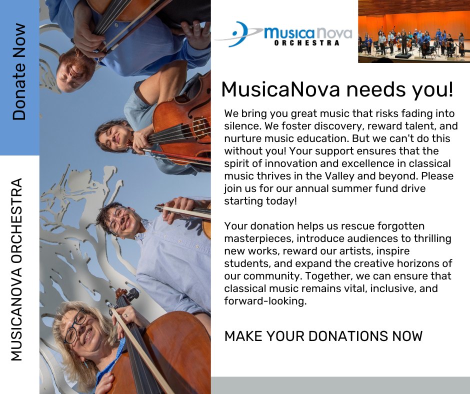 MusicaNova needs your help!
Your donation—large or small—makes an immediate difference. You can:
Mail a check to MusicaNova, 10645 N. Tatum Blvid, Ste. 200-189, Phoenix 85028
Make a stock donation at the link in bio.
Donate online at the link in bio.
#savetheorchestra #artsfundraiser #SummerFundraiser
