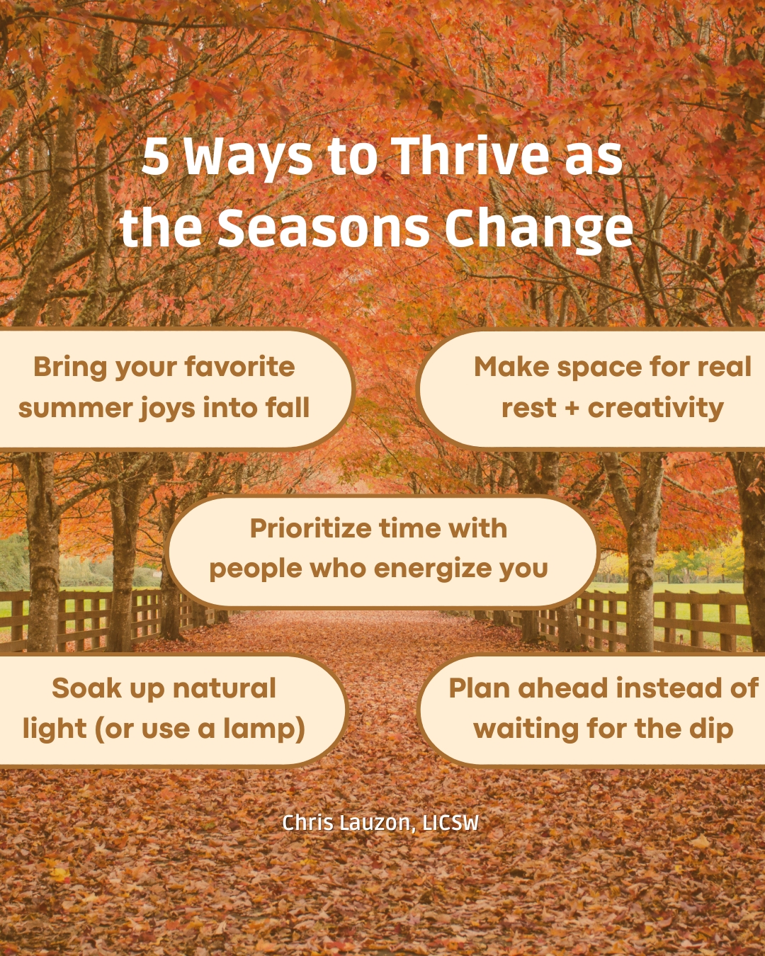 🍂 Fall feels cozy… but it can also feel heavy. Shorter days and less sunlight can drain our energy fast.
Here are 5 ways to stay steady as the seasons change.
✨ Thriving is intentional, not accidental. Book your free intro call today 📞
#MentalHealthAwareness #MentalWellness #EmotionalHealth #TherapyTools #SelfCareTips #BostonTherapist #seasonal