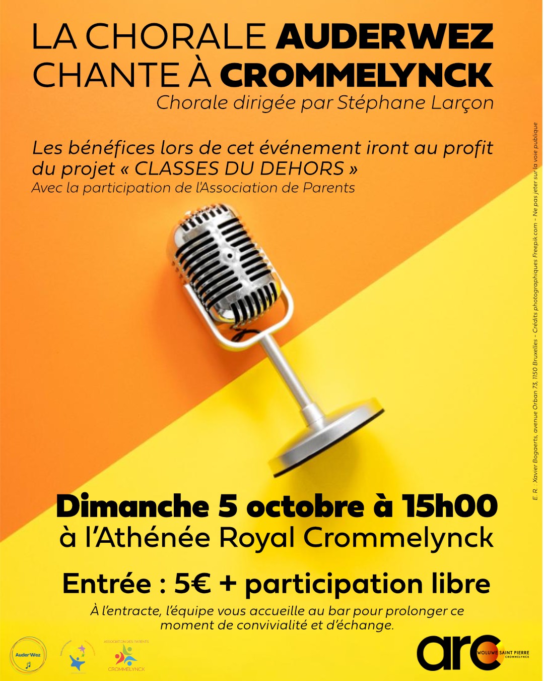 🎵 Concert solidaire dimanche !
La chorale Auderwez chante à Crommelynck. Tous les bénéfices iront pour le projet "Classes du Dehors" 🌳. Cet événement est réalisé avec la participation de l'Association des parents
📅 5 octobre • 15h00
📍 Athénée Royal Crommelynck
✨ Dirigée par Stéphane Larçon
🎫 5€ + participation libre
🍻 Bar convivial à l'entracte
Tous les bénéfices soutiennent le projet pédagogique CLASSES DU DEHORS".
🍻 Moment convivial garanti ! À l'entracte, l'équipe de l'Association des Parents vous accueillera au bar pour prolonger ce moment d'échange et de partage dans une ambiance chaleureuse.
Venez vivre un moment musical magique pour une belle cause 🎶❤️
#ChoraleAuderwez #ClassesDuDehors #ConcertSolidaire #ÉducationAlternative #Musique #Crommelynck #DimancheMusical #ProjetPédagogique