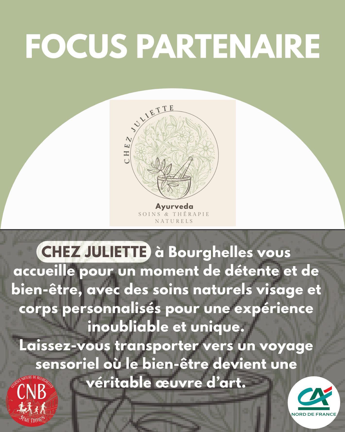 FOCUS PARTENAIRE 🙏
Aujourd'hui zoom CHEZ JULIETTE...
Si je vous dis détente, soin, expérience personnalisée et sensorielle...?
Un moment où tous les ingrédients sont réunis pour faire de cette parenthèse une bulle de bien-être dans les mains d'une professionnelle à la fois attentionnée et à l'écoute.
Merci à Juliette de son soutien !
#CNB #coursenaturebourghelles #FocusPartenaire #chezjuliette