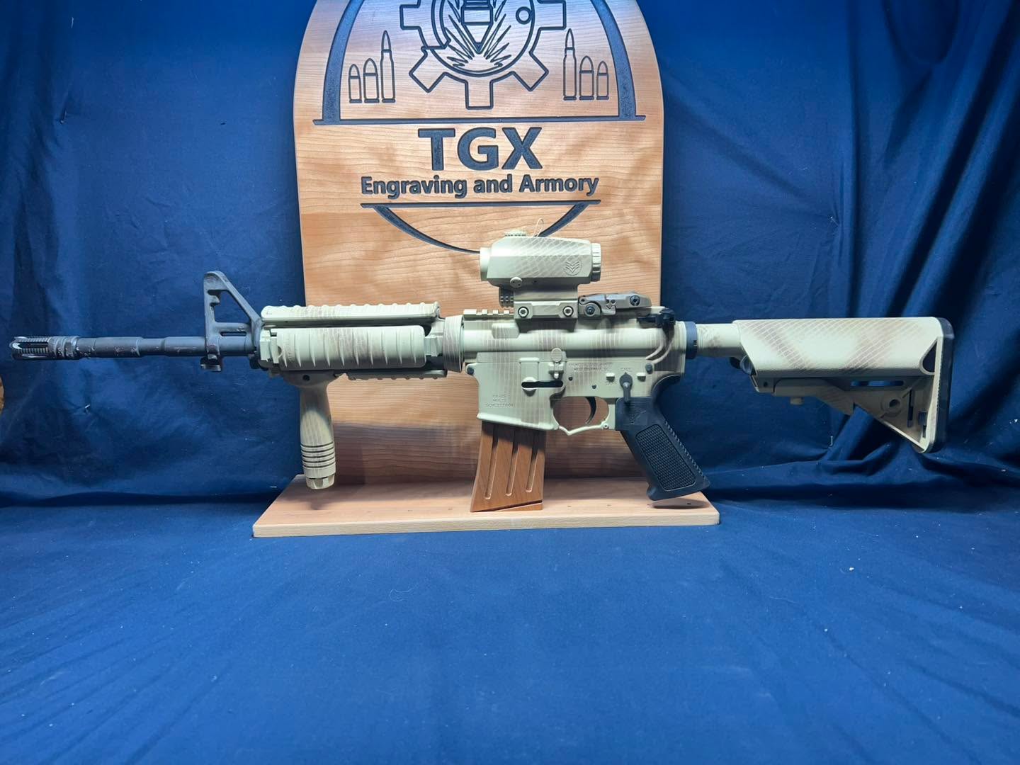 Rugged camo. Cerakoted with netting. Another one for our guys Denver Bullets Inc.