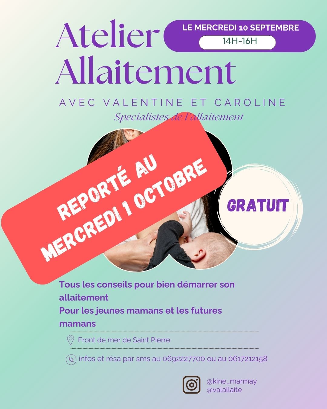 En raison du mouvement de grève du 10 septembre et des risques de blocages, nous sommes contraintes de reporter l'atelier allaitement au 1er Octobre!
Pourquoi cet atelier? Futures mamans, jeunes mamans, vous avez des questions sur l’allaitement ? Besoin de conseils ou simplement d’un moment d’échange et de soutien ?
Rejoignez-nous pour un atelier allaitement gratuit où nous aborderons :
🤱 Les bienfaits de l’allaitement et les mythes!
💡 Les positions d’allaitement et bonnes pratiques
❓ Réponses à toutes vos questions
💬 Un moment d’échange bienveillant
📅 Mercredi 1er Octobre
📍 Front de mer de Saint Pierre
⏰ de 14h a 16h
L’atelier est animé par Valentine, consultante en allaitement @valallaite , et Caroline, kinésithérapeute en allaitement maternel kinésithérapeute pédiatrique et ostéopathe @kine_marmay et est ouvert à toutes, que vous soyez enceinte ou déjà maman.
✨ Inscription gratuite mais places limitées ! Réservez vite la vôtre via le lien en bio (Hopp/ Réserver un atelier), ou en DM!
Taguez une future maman qui pourrait être intéressée ! 💛
#Allaitement #Maternité #AtelierGratuit #consultationallaitement #kinésithérapieenallaitementmaternel #SantéMamanBébé #bbausein #kine_marmay #AllaitementMaternel #lienmereenfant #parentalitebienveillante #ibclc #kine_allaitement_maternel #santébébé #bebe2025 #maman974 #saintpierre974 #conseilbebe #pédiatrie #preventionbebe #kinespecialisée #kine974 #parentalité #iledelareunion #bebe974 #accompagnementallaitement #grossesse2025 #allaitementdouloureux #KinéPérinatale