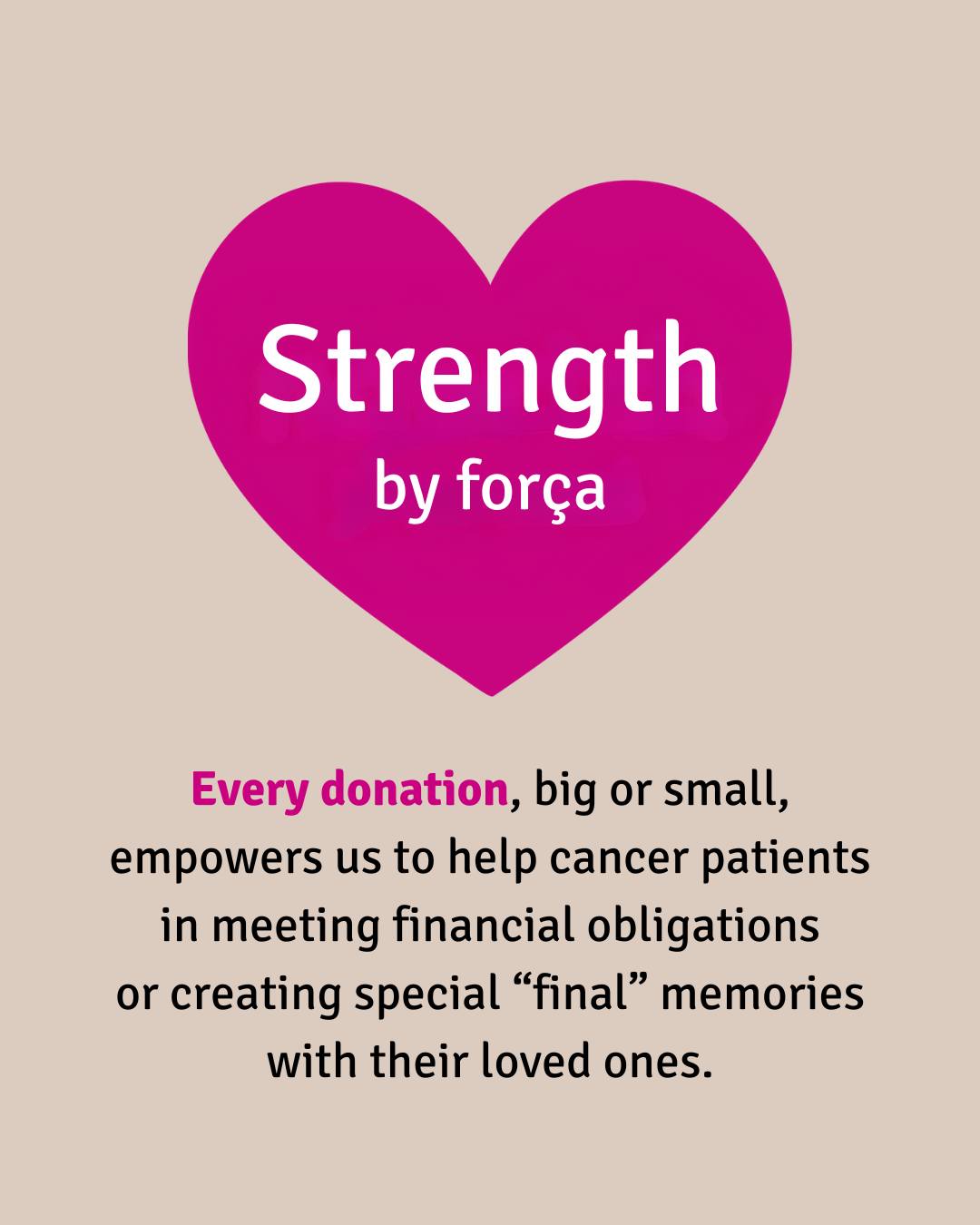 Every donation made to força strength against cancer - regardless of its size - empowers us to help cancer patients in meeting financial obligations or creating special 'final' memories with their loved ones.
Your support makes a huge difference to local families.
We welcome your donations - visit https://www.forcaagainstcancer.org.uk/ (link in bio)
#forcastrengthagainstcancer #forca #strength