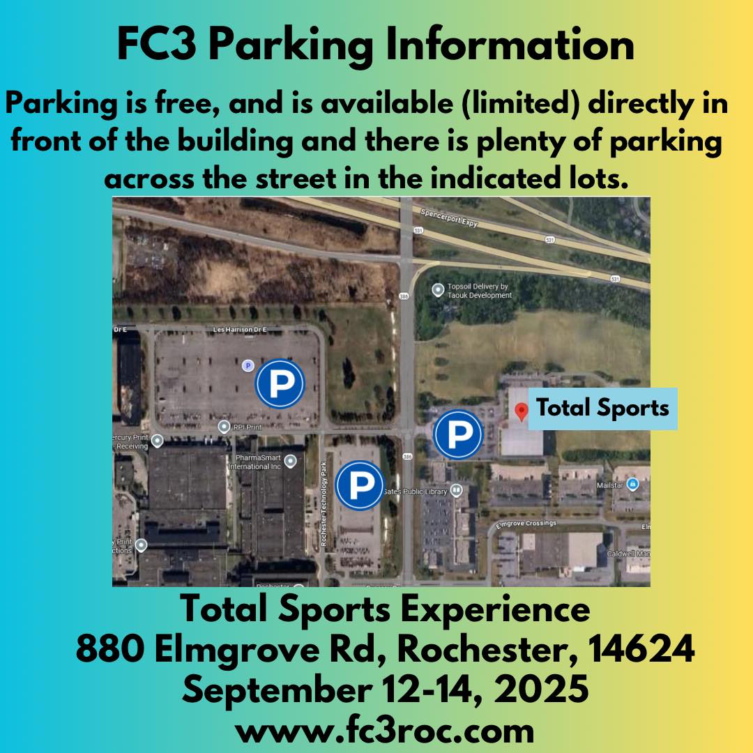 Parking is FREE for Flower City Comic Con. There is some limited parking directly in front of the building, and there is a lot of additional parking across the street, so you’ll have no problem finding a spot! The lots are marked on the attached graphic. #roc #fc32025 #experiencefc3 #fc3 #WhereItAllComesTogether