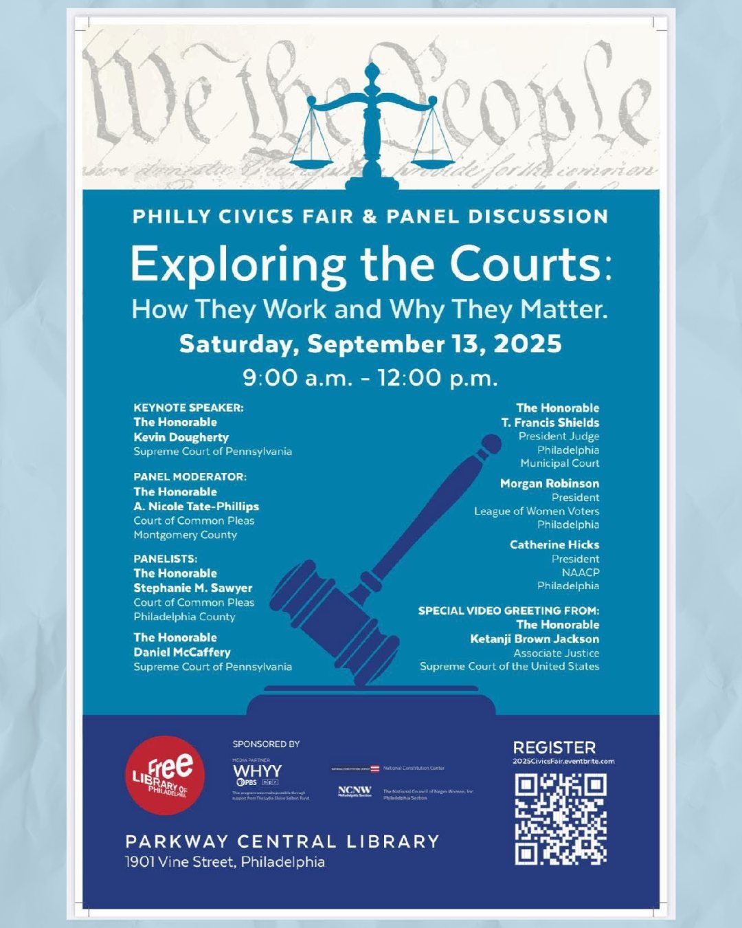 Join the Sentencing Foundation in supporting our founder, Judge Sawyer, as she participates on a panel at "Exploring the Courts: How They Work and Why They Matter", this Saturday, September 13th, from 9:00 am to 12:00 pm, at the Philadelphia Parkway Central Library (@freelibrary, 1901 Vine Street, Philadelphia, PA).
Gain perspectives and insights on the Criminal Justice System from
Judges' perspectives!
#criminal #justice #lawresource #restorativejustice
#judges #sentencing #supervision #legalsupport
#nonprofit #crimereduction #massincarceration
#criminaljusticereform #reform #realchange
#TheSentencingFoundation #TSF
