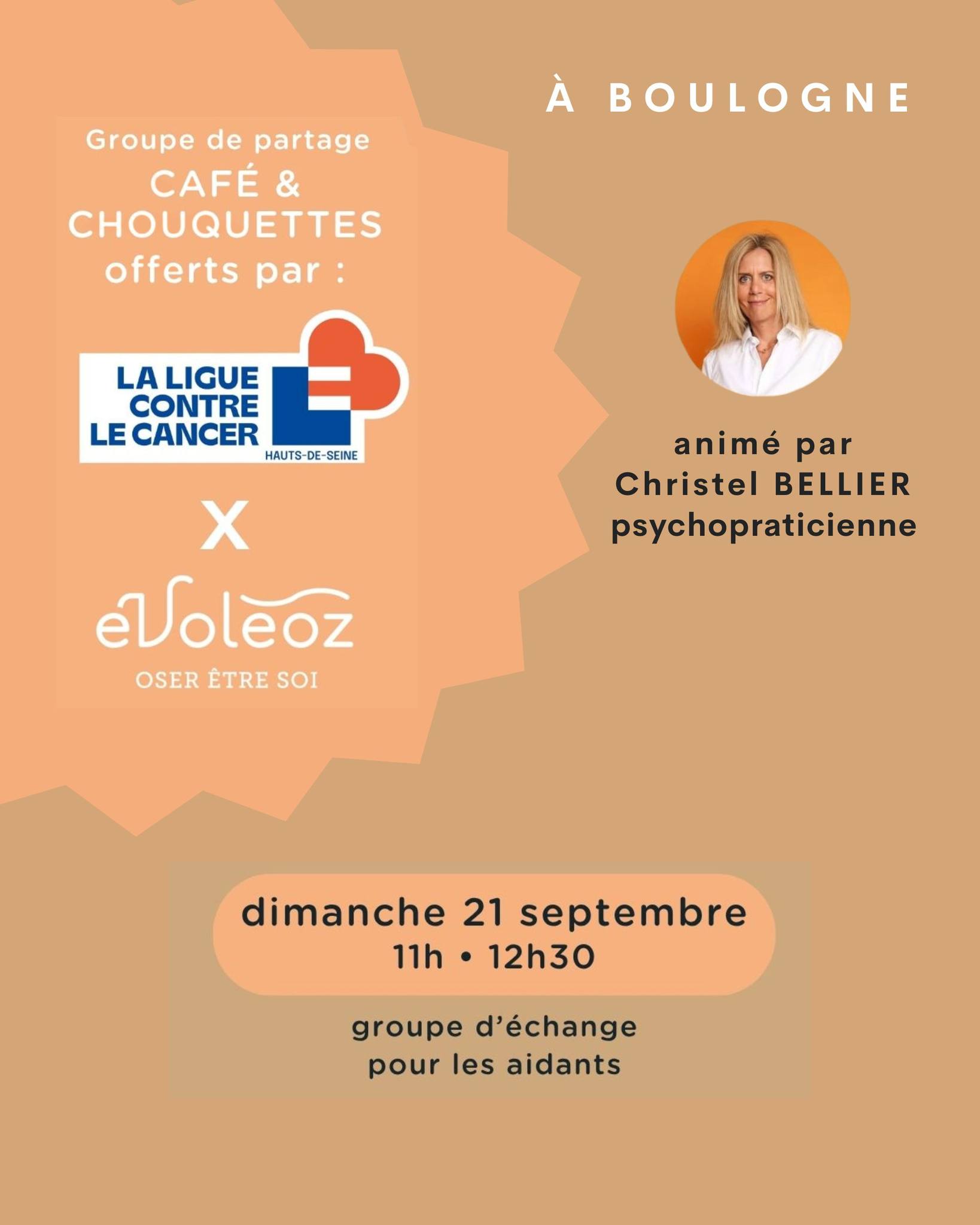 Participez au prochain "CAFÉ PARTAGE" de la rentrée, un moment de convivialité pour partager entre aidants et prendre soin de soi et de ses ressentis.
Il sera encadré par Christel Bellier, psychopraticienne.
Si vous êtes concerné, ce moment privilégié est entièrement OFFERT par la Ligue contre le cancer 92 et le centre Évoléoz de Boulogne.
✅ Information : 01 55 69 18 14 OU cgardinier@liguecancer92.org OU contact@evoleoz.fr
✅ inscription : https://www.helloasso.com/associations/ligue-contre-le-cancer-des-hauts-de-seine/evenements/groupe-de-partage-cafe-chouquettes-21-novembre-2025-evoleoz-boulogne?fbclid=IwY2xjawM1aHJleHRuA2FlbQIxMABicmlkETFkd3I3MDY4OHZqUEltM2xPAR5BjU7M6O7bkAdNr9iO2_exuTgFtcWuDM1MoO6Wi27YvECGg_kEkBBaVC8i4Q_aem_pUsVnNu1E-oBNgEXHU8SqQ
📍 Lieu de l'atelier : Évoléoz Colombes - 73 rue Marcel Dassault 92100 Boulogne-Billancourt
👉 Pour plus d'information sur nos lieux : evoleoz.fr
Réservez dès maintenant ce moment privilégié ! Si vous avez des personnes de votre entourage concernées, n'hésitez pas à partager !
À bientôt chez Évoléoz Boulogne