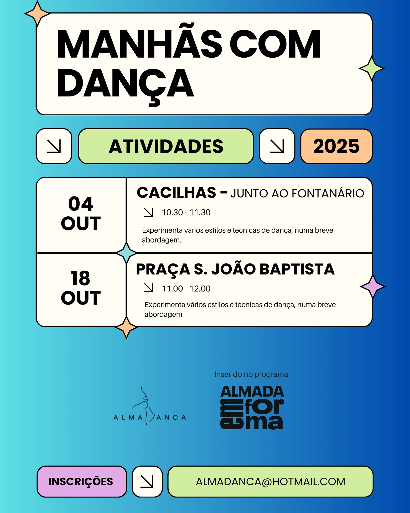 Nos dias 4 e 18 de Outubro, vem passar uma manhã com muita dança!
É uma ótima oportunidade para experimentar vários estilos de dança de forma totalmente gratuita 🤩