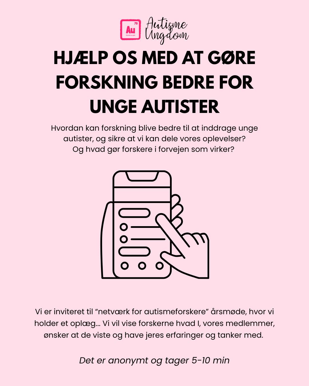 Vi vil gerne høre dine erfaringer og tanker om forskning, der handler om unge autister. Mange unge deltager sjældent i forskning – og vi vil gerne finde ud af hvorfor, og hvad der skal til, for at flere kan og har lyst til at være med.
Dine svar er super vigtige, fordi vi (Thea forperson og Viktor næstforperson) skal holde et oplæg på årsmødet for “Netværk for autismeforskere”, hvor vi ønsker at kunne tage erfaringer og data med. Det betyder, at forskere vil høre direkte fra unge som dig, så de bedre kan forstå, hvordan forskning kan blive mere inkluderende og relevant.
👉 link til spørgeskema er i vores beskrivelse
👉 Det tager kun ca. 5–10 minutter at udfylde skemaet.
👉 Alle svar er anonyme
Hvis du har spørgsmål eller kommentarer til spørgeskemaet, så må du gerne kontakte Autisme Ungdom her på instagram eller på mail via kontakt@autismeungdom.dk
Tusind tak for din hjælp – din stemme kan virkelig gøre en forskel! 🌟
#Autisme #UngeAutister #Neurodiversitet #DinStemmeTæller #BlivHørt #AutismeForskning #AutismeStemme #AutismeInklusion #ForskningForAlle #Neurodiverse #autismeungdom