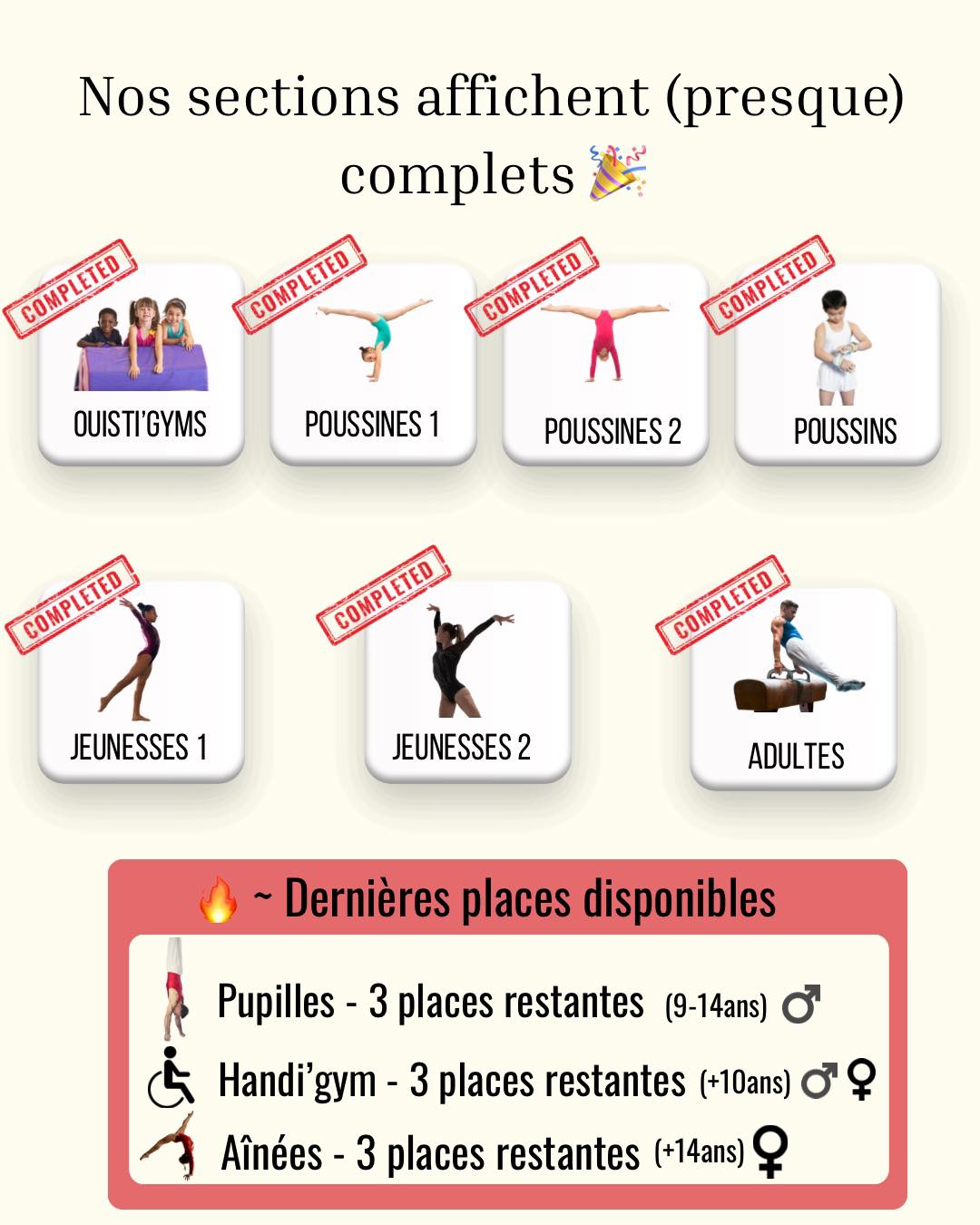🎉 Nos sections affichent (presque) complet !
🔥 Il reste quelques places disponibles dans les sections :
Pupilles (9-14 ans) – 3 places
Handi’gym (+10 ans) – 3 places
Aînées (+14 ans) – 3 places
📩 Si vous êtes intéressé, envoyez-nous un mail à gym.ssc91@gmail.com en précisant le nom, prénom et la date de naissance de la personne à inscrire.
Bonne rentrée à tous !
❤️💛💚
#ssc #sscgym #corbeilessonnes #sport #gymnastique #fscf #gymnastiqueartistique #saison20252026