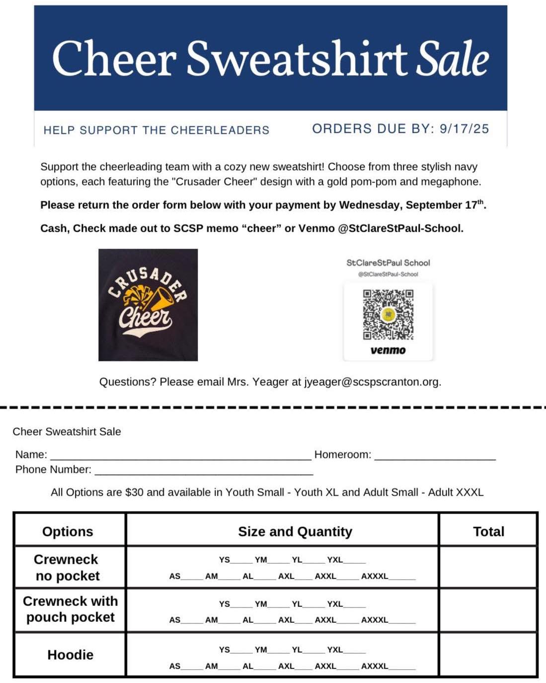 Sweatshirt Sale for our Cheerleaders!!!! Orders are due by this Wednesday!!! Please support!💙💛📣