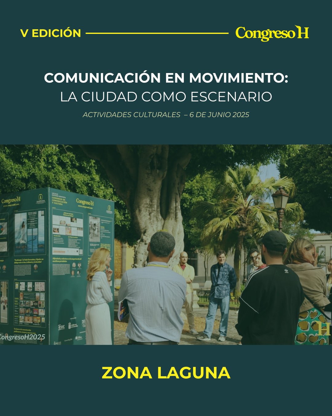 La Zona Laguna es uno de los espacios más significativos del Congreso H. En un entorno abierto y accesible, expertos en comunicación y medios audiovisuales comparten sus proyectos e investigaciones, haciendo visibles sus aportes más allá de las aulas y las publicaciones académicas. Los tótems expositivos funcionan como un punto de encuentro entre el conocimiento académico y la sociedad, promoviendo la transferencia del conocimiento.
A lo largo del recorrido, los grupos visitan cada tótem, donde los autores presentan sus trabajos en cápsulas de 10 minutos, generando espacios de diálogo y reflexión.