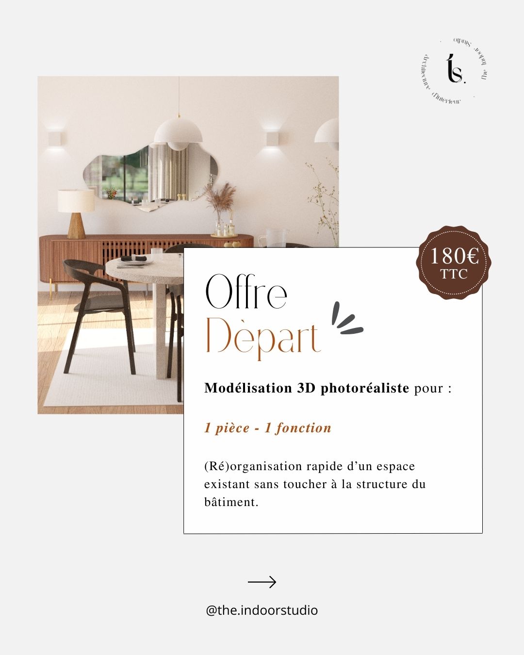 . Offre Départ .
Qu'est-ce que c'est ?
L'offre Départ, c'est une offre accessible pour avoir un aperçu concret de mon travail.
Vous recevez un rendu 3D photoréaliste d’une pièce de votre choix (salon, chambre, cuisine…).
Un moyen simple et rapide de vous projeter dans votre futur intérieur, sans gros engagement. ✨
- Vous hésitez encore sur votre projet ?
- Vous souhaitez ne repenser qu’une seule pièce ?
- Vous voulez tester mes services ?
Alors vous pouvez me contacter en DM ou par mail (lien en bio) pour toute demande d’information. 😊
#prestation #modélisation3D #sketchup #sketchup3D #architectedintérieur #architecturedintérieur #interiordesign #designdinterieur #interieur #amenagement #espaces #decoratricedinterieur #agencement #bordeaux