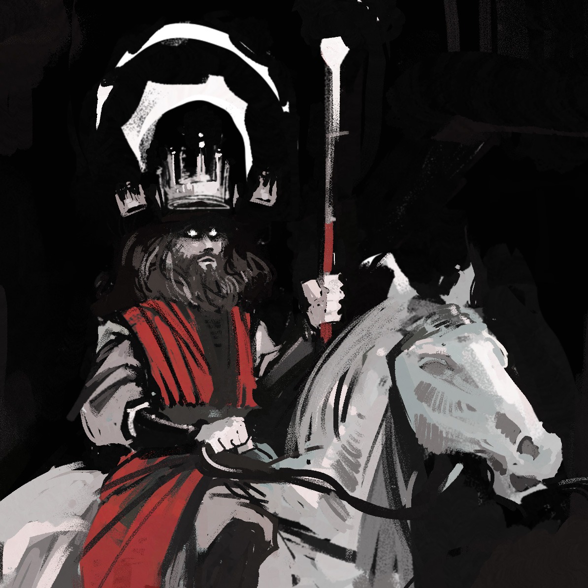 The Rider on the White Horse
I saw heaven standing open and there before me was a white horse, whose rider is called Faithful and True. With justice he judges and wages war. His eyes are like blazing fire, and on his head are many crowns. He has a name written on him that no one knows but he himself. He is dressed in a robe dipped in blood, and his name is the Word of God.
from Revelation 19:11-13