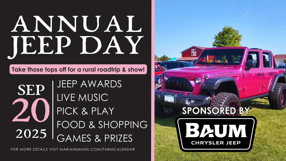 🇺🇸 🚙 JEEP DAY 🚙🇺🇸
SPONSORED by BAUM CHRYSLER JEEP
🚨This is the rescheduled date from July and is now in tandem with our Blooms, Bluegrass, & BBQ even this Saturday!
📅 Saturday, Sept 20, 2025
⏰ Check-in by 10:30 AM | Farm opens 10AM– 5PM
📍 16727 Airport Rd, Clinton, IL
🚨 FREE to Participate
🎫 Pre-Register for a FREE DONUT: https://www.simpletix.com/e/jeep-day-tickets-229084