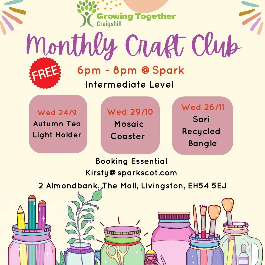 OUR FREE MONTHLY CRAFT CLUB IS BACK‼️
6pm-8pm @ Spark (Intermediate Level)
🕯️ Wednesday 24th September - Autumn Tea Light Holder
🎨 Wednesday 29th October - Mosaic Coaster
🖌️ Wednesday 26th November - Sari Recycled Bangle
To book a space email Kirsty@sparkscot.com
Spark West Lothian Yap Almond Housing Association