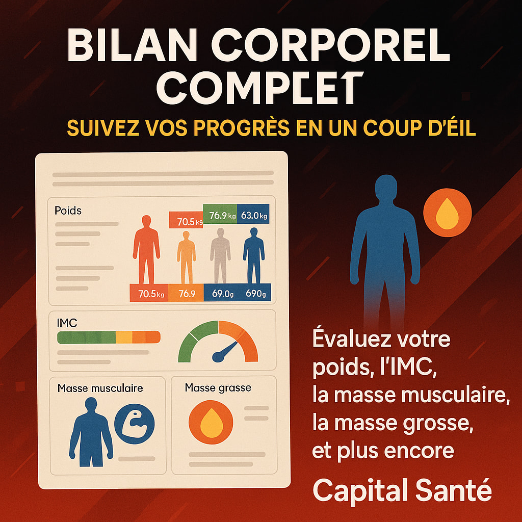 📊 Pourquoi faire un bilan corporel chez Capital Santé ?
Dans votre parcours sportif, connaître précisément votre point de départ est essentiel pour atteindre vos objectifs. Chez Capital Santé, à Cavaillon, nous vous proposons un bilan corporel complet pour aller bien au-delà du simple chiffre sur la balance :
✅ Vision globale de votre corps : poids, IMC, masse musculaire, masse grasse, eau corporelle, et plus encore.
✅ Objectifs personnalisés : fixez un plan d’action réaliste et adapté à votre morphologie.
✅ Suivi motivant : visualisez concrètement vos progrès et restez déterminé(e) séance après séance.
✅ Conseils sur mesure : ajustez entraînement et nutrition pour maximiser vos résultats.
💪 Ne laissez pas le hasard guider vos efforts ! Passez dès aujourd’hui à Capital Santé, repartez avec votre bilan en main et démarrez votre transformation en toute confiance.
📅 Prenez rendez-vous dès maintenant ou demandez votre bilan lors de votre prochaine séance au club.
Capital Sante
484 Avenue saint baldou
84300 Cavaillon
04.90.78.02.33