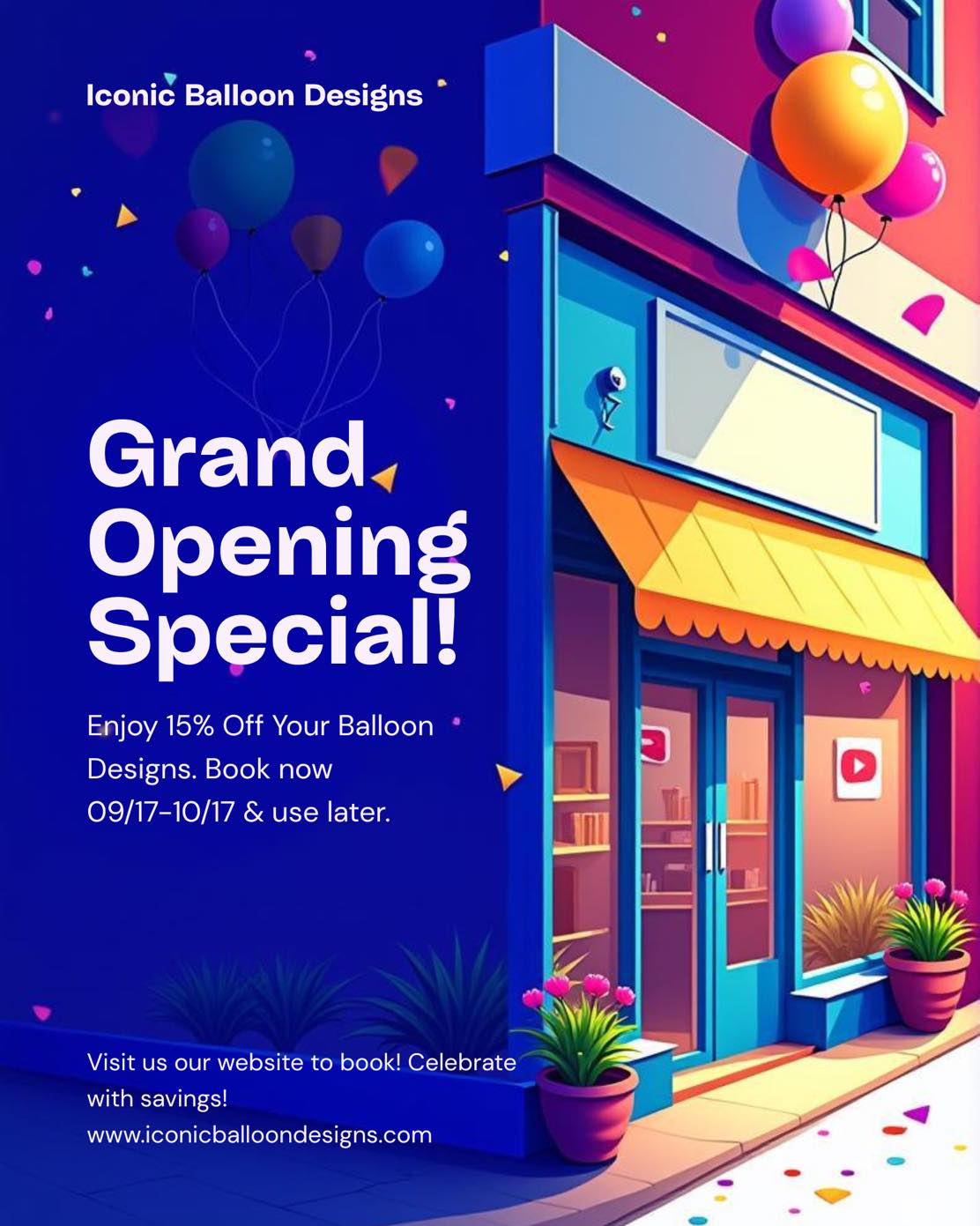 Do you know a business having a Grand Opening. Tell them about our special 15% off your balloon decor. Book now and use later. Offer running 9/17-10/17
Visit:
www.iconicballoondesigns.com