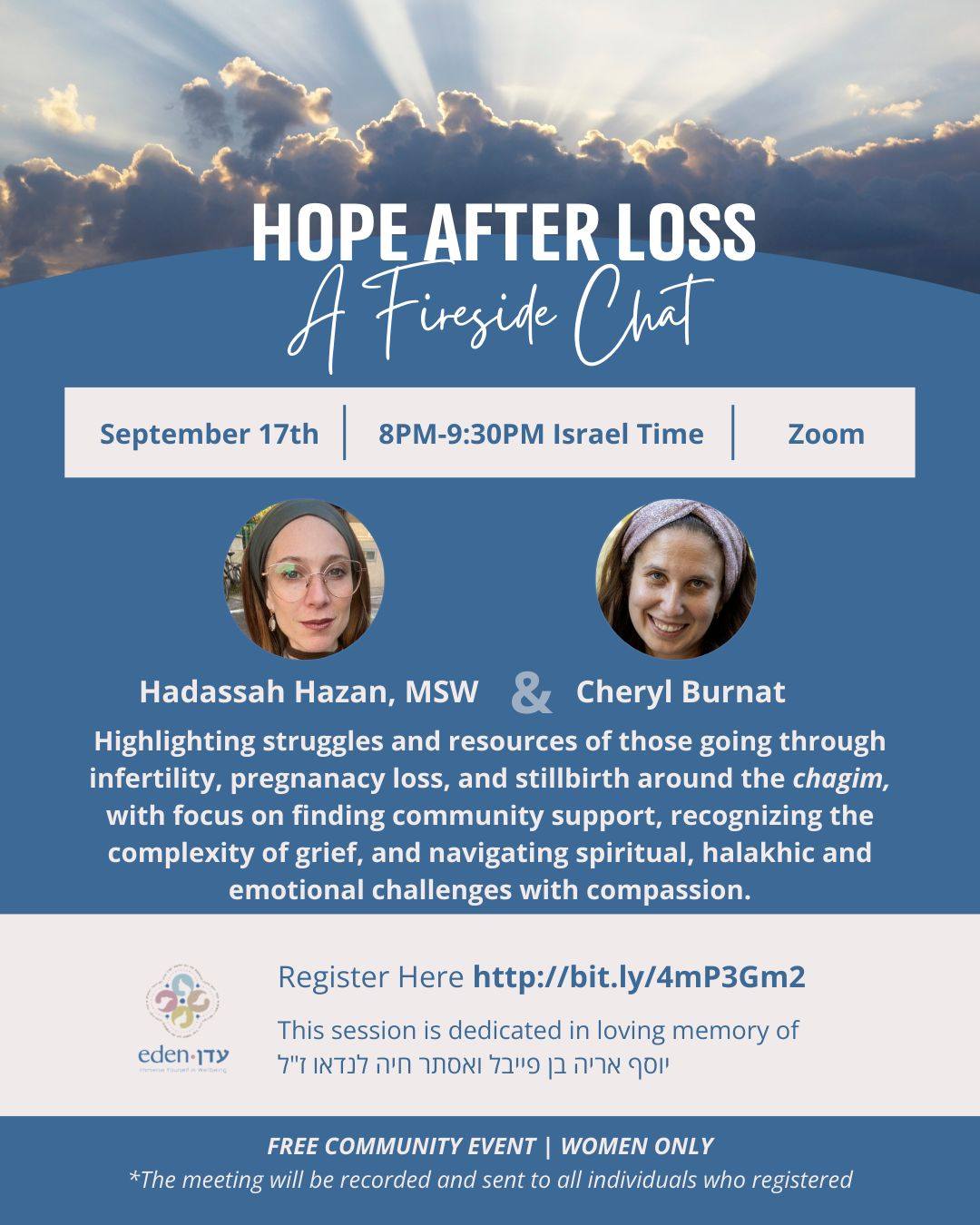 HAPPENING TOMORROW!
Join us this Wednesday as @feedyourhearttherapy Hadassah Hazan MSW, clinical social worker, and @chesh9000 Cheryl Burnat, Jewish Educator, share how they found strength and hope after their personal losses, and give tips to ease the journey - especially during the Chagim. 🌱🕯️
This free community event - dedicated to open, compassionate discussion about infertility and pregnancy loss - was made possible by a generous donation in loving memory of Yossi Landau z”l, Yosef Aryeh ben Feivel and Esther Chaya.
📅 Wednesday, September 17, 2025
🕗 20:00–21:30 Israel time | 1:00-3:00pm EST
📍 On Zoom | For women only
🔗 Registration link in story!
Please share with those who might benefit.
Let's support each other and find light together.
