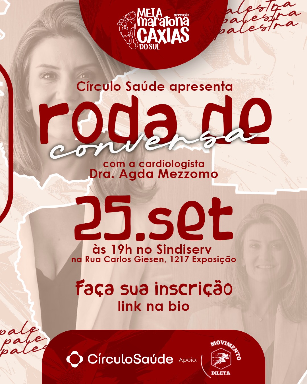 Mais do que uma corrida, a Meia Maratona de Caxias do Sul é um ato de cuidado!
Para celebrar o Dia do Corredor, preparamos um bate-papo imperdível.
Participe da Roda de Conversa com a cardiologista Dra. Agda Mezzomo e aprenda tudo sobre a importância da saúde do coração para o seu desempenho.
O tema não poderia ser mais perfeito: "Da largada à linha de chegada - seu coração agradece."
Garanta sua vaga e prepare-se para a prova com a informação que faz a diferença.
As vagas são limitas, então não perde tempo!
🗓 Data: 25 de setembro, quinta-feira
🕖 Horário: 19h às 21h
📍 Local: Sindiserv (Rua Carlos Giesen, 1217 - Exposição)
Inscrições e mais informações no link na bio!
#MeiaMaratonaCaxias #DiaDoCorredor #SaudeDoCorredor #Cardiologia #RodaDeConversa #CaxiasDoSul #SaudeDoCoracao