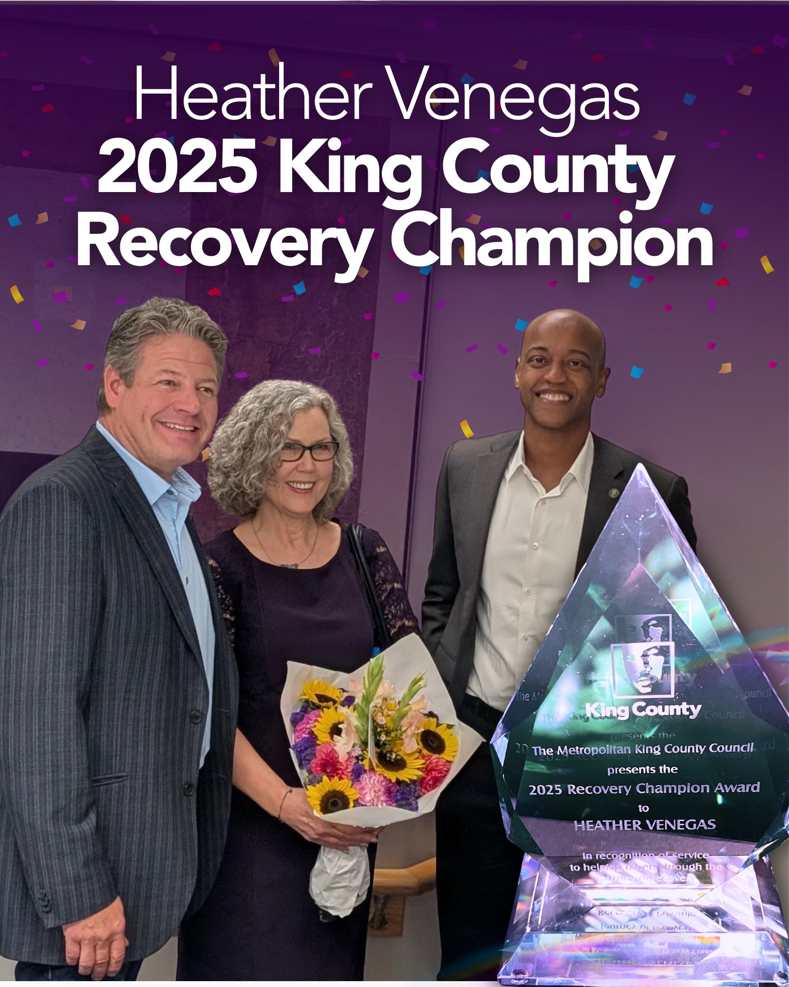 Join us in celebrating our very own Heather Venegas — the 2025 King County Recovery Champion!
Today, the King County Council issued a Recovery Month Proclamation, and during the same meeting, Councilmember Reagan Dunn presented this year’s Recovery Champion Award to Heather, honoring her extraordinary leadership and impact in our community. Since 2018, Heather has led the King County Recovery Coalition with heart, vision, and fierce dedication – uplifting the voices of people with lived experience, building community, and driving change. She is a servant leader in long-term recovery, a gifted speaker and teacher, and a beacon of hope for so many.
We are beyond proud to see her recognized with this well-deserved honor. 💜
#RecoveryMonth #Root4Recovery #KCRC