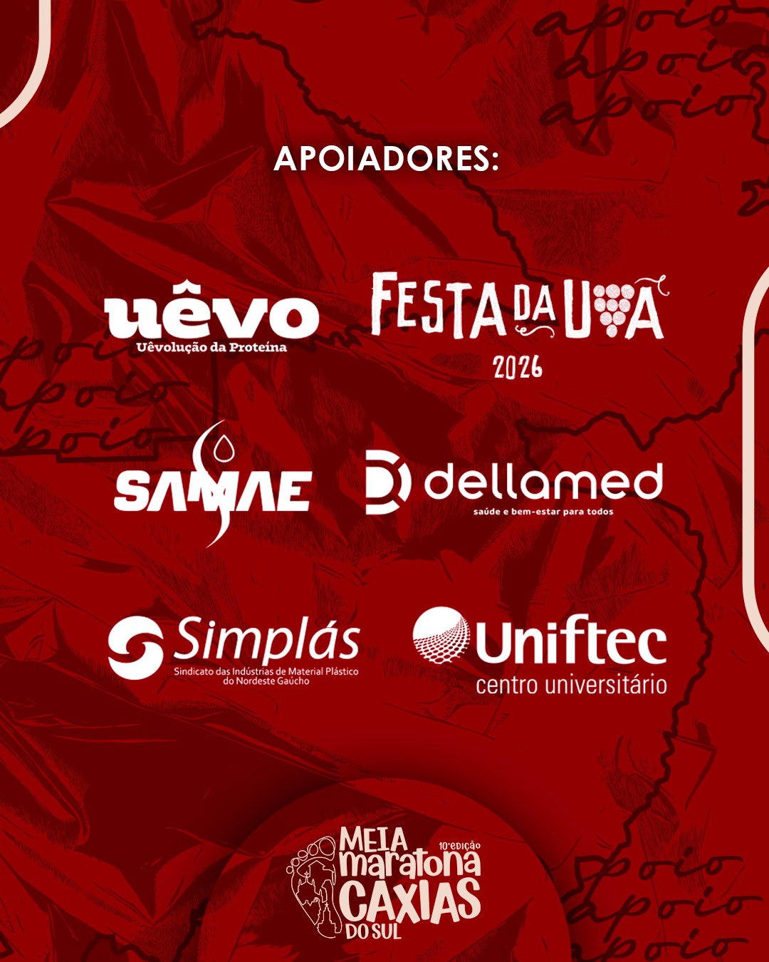 Corremos juntos há 10 anos!
A Meia Maratona de Caxias do Sul é possível graças à parceria de quem acredita na nossa paixão pelo esporte.
Nosso muito obrigado a todos os apoiadores que estiveram com a gente e ajudaram a construir a história do maior evento de corrida da nossa região!
@uevo.oficial
@festanacionaldauva
@samaecaxias
@dellamedsa
@simplasng.rs
@uniftec_
#MeiaMaratonaCaxias #Apoio #CorridaDeRua #Parceria #Comunidade #10Anos