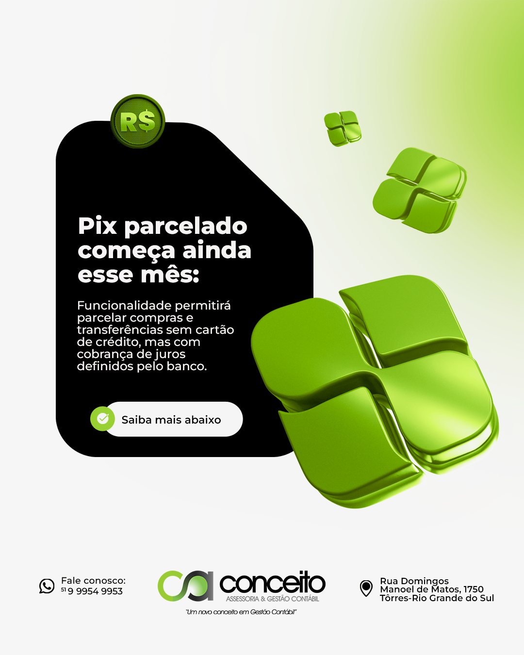 🚨 Pix Parcelado começa a funcionar ainda este mês!
Agora será possível parcelar compras e transferências mesmo sem cartão de crédito.
💰 A nova funcionalidade do Banco Central permite que você parcele pagamentos diretamente via Pix, com débito automático das parcelas e juros definidos pela instituição financeira.
📌 O que muda na prática:
✔ Mais autonomia para consumidores
✔ Alternativa para quem não tem ou evita cartão de crédito
✔ Benefício para pequenos negócios que poderão vender mais
✔ Operações com segurança e controle
🔎 Fique atento: o parcelamento não será gratuito e os juros serão aplicados conforme política de cada banco.
💬 Quer saber como isso impacta a sua empresa ou seu fluxo de caixa?
Converse com a gente!
📞 (51) 9 9954-9953
📍 Rua Domingos Manoel de Matos, 1750 – Torres/RS
#PixParcelado #NovidadePix #ConceitoContábil #GestãoFinanceira #Empreendedorismo #ContabilidadeDigital #JurosPix #FluxoDeCaixa #NotíciaContábil #PixBrasil