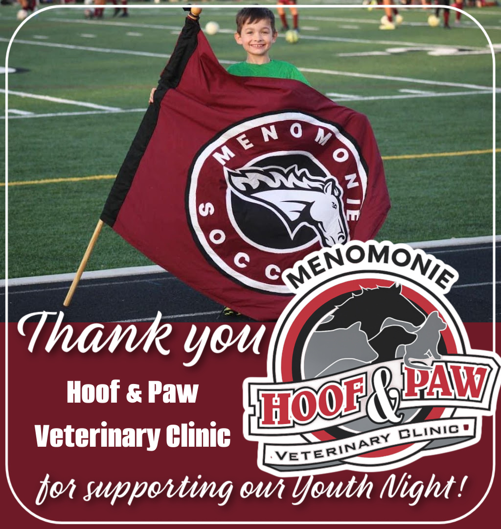 FREE Youth T-Shirts Tonight!
We’re excited to share that all youth in attendance will receive a free T-shirt — a special keepsake from this unforgettable night!
This is made possible thanks to the generous support of our amazing sponsors — especially Hoof & Paw Veterinary Clinic!
Thank you for helping us celebrate our future Mustangs! ⚽️
#YouthNight #FutureMustangs #GoMustangs #MenomonieSoccer #ThankYouSponsors