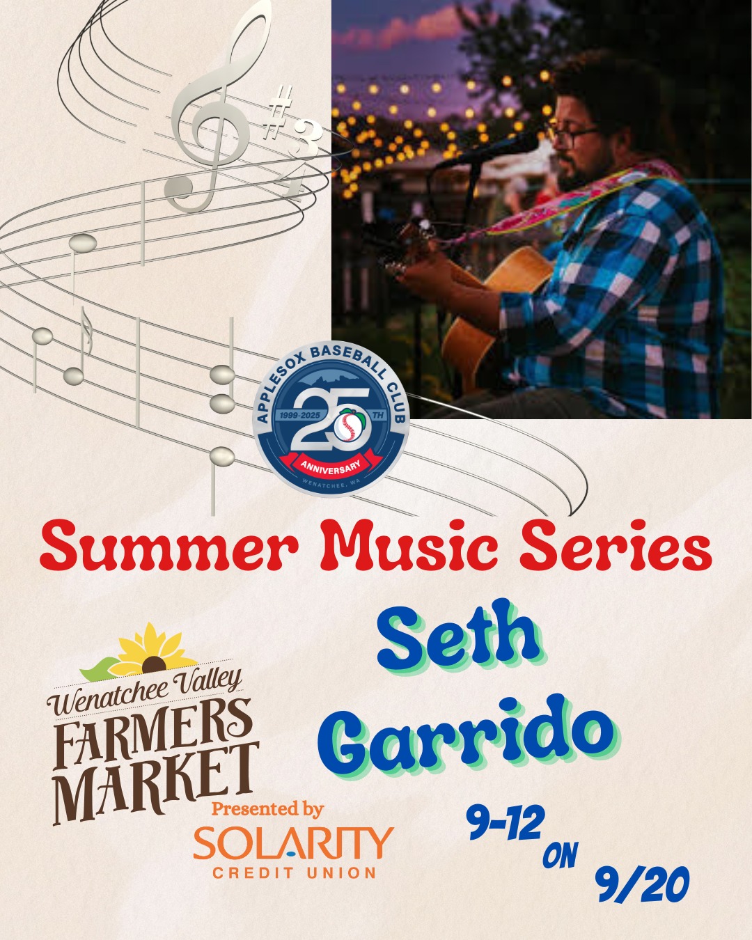 The @applesox have brought some wonderful music to our market this year. Come down and enjoy the market. It's not possible to do otherwise while listening to @sethgarrido. So show up early and get your shopping over before Seth starts at 9. Its a great year for music lovers at the market. #MarketMusic #SoloSethy #FarmOn #Marketlife with @solaritycreditunion
