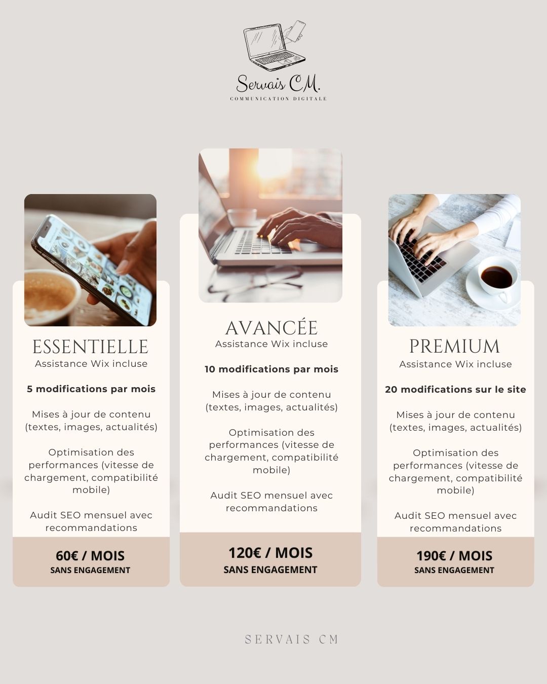 ✨🔧 Des forfaits de permanence sur-mesure pour faire évoluer votre site sans stress ! 🔧✨
Chez Servais CM, on sait qu’un site web a besoin d’être vivant, mis à jour et optimisé régulièrement pour rester performant.
Découvrez nos 3 forfaits mensuels flexibles, sans engagement, pensés pour vous simplifier la vie :
✅ FORFAIT ESSENTIELLE — 60€/mois
• Assistance Wix incluse
• Jusqu’à 5 modifications par mois (Mises à jour de contenu (textes, images, actualités)
• Optimisation des performances (vitesse de chargement, compatibilité mobile)
• Audit SEO mensuel + recommandations personnalisées
✅ FORFAIT AVANCÉE — 120€/mois
• Assistance Wix incluse
• Jusqu’à 10 modifications par mois (Mises à jour de contenu (textes, images, actualités)
• Optimisation des performances (vitesse de chargement, compatibilité mobile)
• Audit SEO mensuel + recommandations
✅ FORFAIT PREMIUM — 190€/mois
• Assistance Wix incluse
• Jusqu’à 20 modifications sur votre site (Mises à jour de contenu (textes, images, actualités)
• Optimisation des performances (vitesse de chargement, compatibilité mobile)
• Audit SEO mensuel + recommandations
🌟 Un site toujours à jour, un référencement boosté et zéro prise de tête !
💪 Restez concentré sur votre activité, on s’occupe du reste !
#ServaisCM #SiteInternet #Wix #SEO #Webdesign #ForfaitMaintenance #AssistanceWeb #MarketingDigital