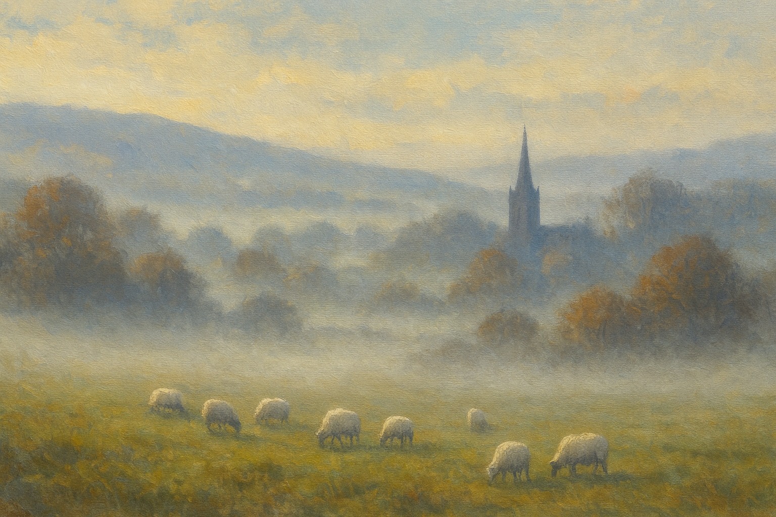 Maybe today isn’t a day to rise and shine — maybe it’s a day to rise and revel.
Mist drifts up from the fields, sheep graze quietly, and church bells wander through the valley air.
It’s the kind of stillness that lets you breathe all the way down to your warm, sock-clad toes… and remember that slowing down is also a way of moving forward.”
Efallai nad diwrnod i godi a disgleirio yw heddiw — efallai mai diwrnod i godi a mwynhau ydyw.
Mae niwl yn codi o’r caeau, defaid yn pori’n dawel, a chloch eglwys yn crwydro drwy awyr y dyffryn.
Y math o dawelwch sy’n gadael ichi anadlu i lawr at eich bysedd traed cynnes mewn sanau… ac yn eich atgoffa bod arafu hefyd yn ffordd o symud ymlaen.